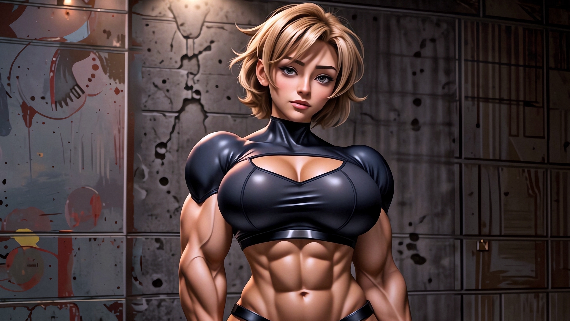 Blonde-haired girl bodybuilder standing against the wall