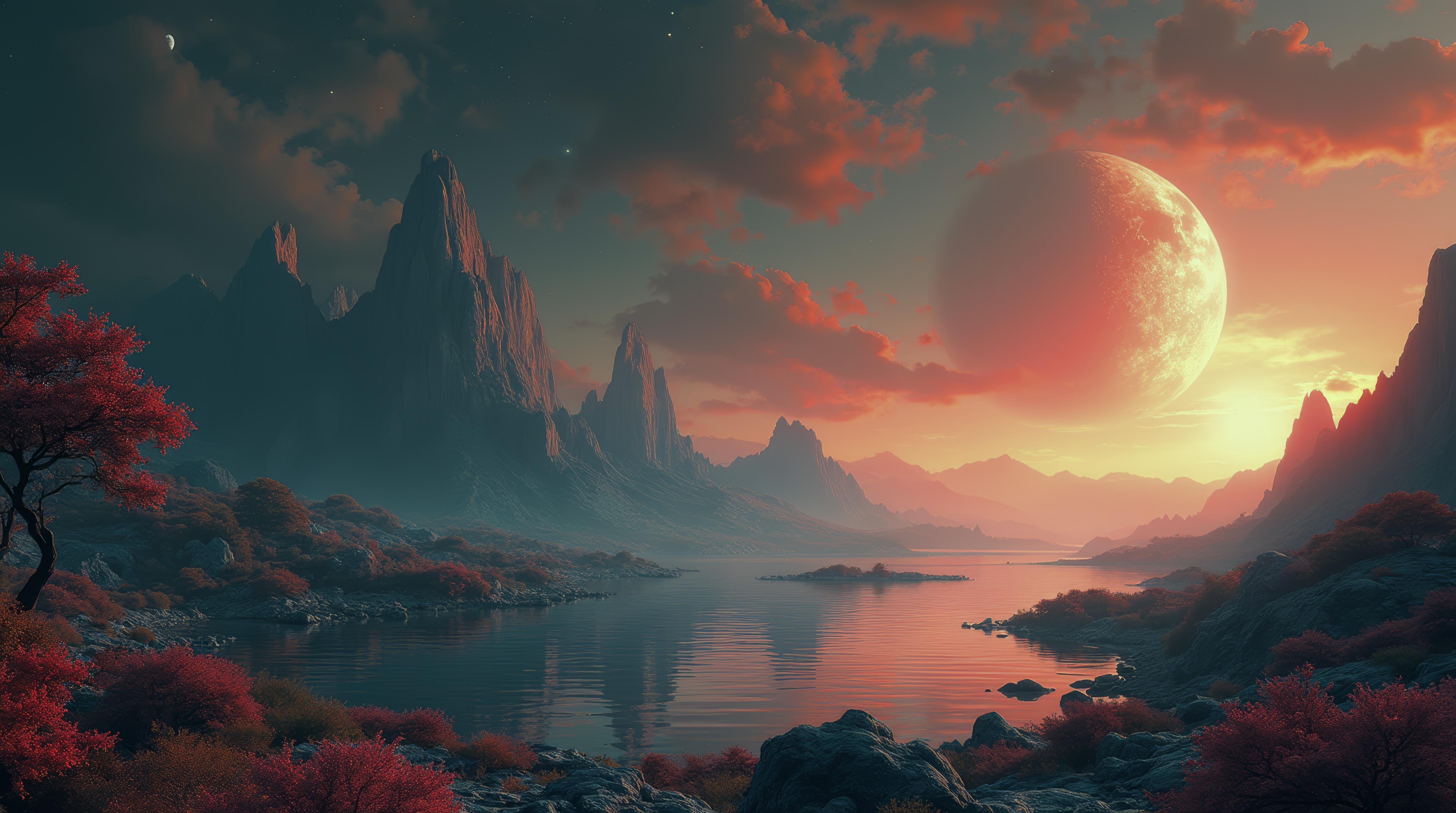 Картина с изображением заката с красными листьями вокруг гор и реки