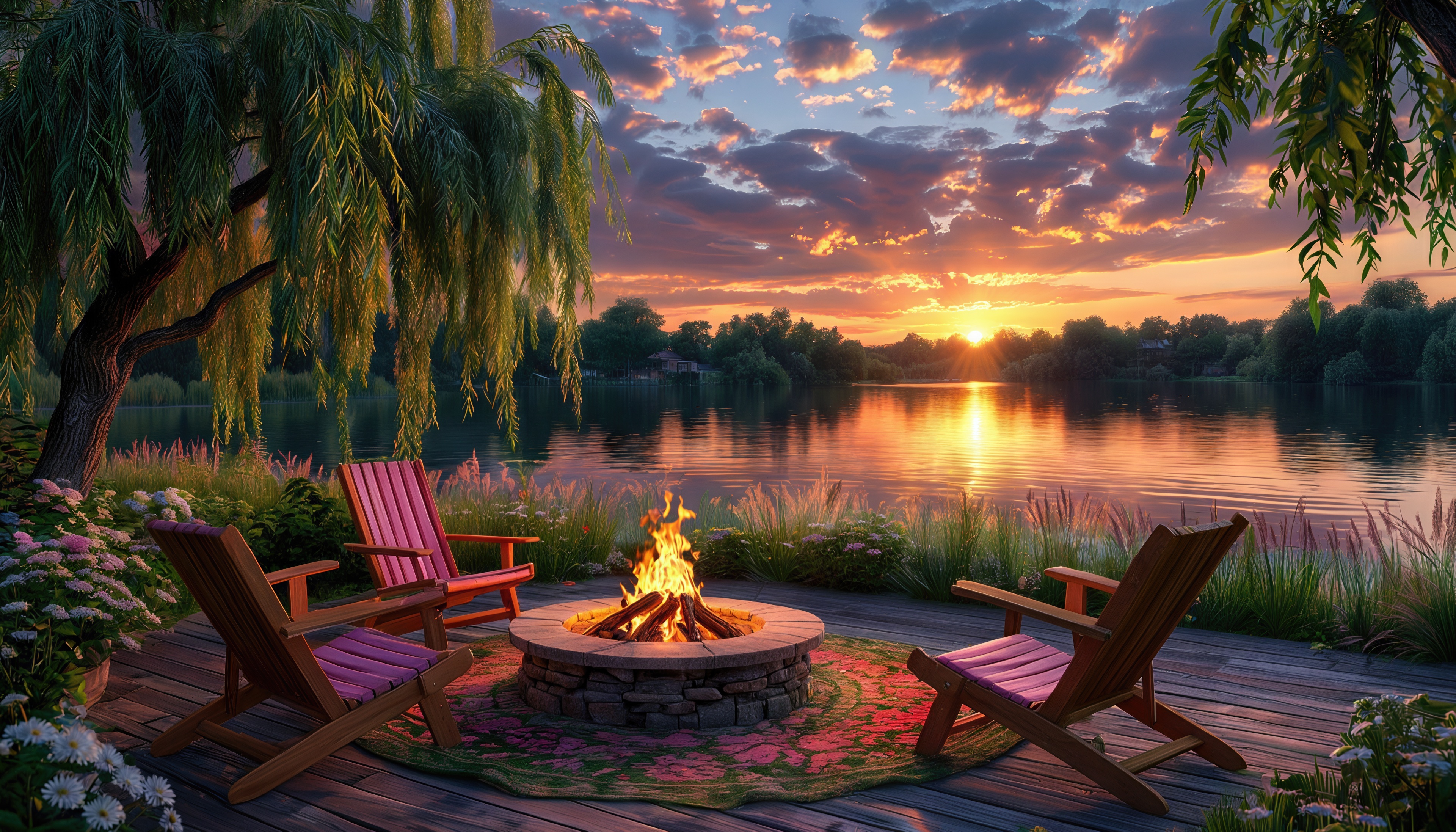 Бесплатное фото Закат над спокойным озером, огонь в кострище и деревянные кресла - атмосфера уюта.