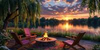 Закат над спокойным озером, огонь в кострище и деревянные кресла - атмосфера уюта.
