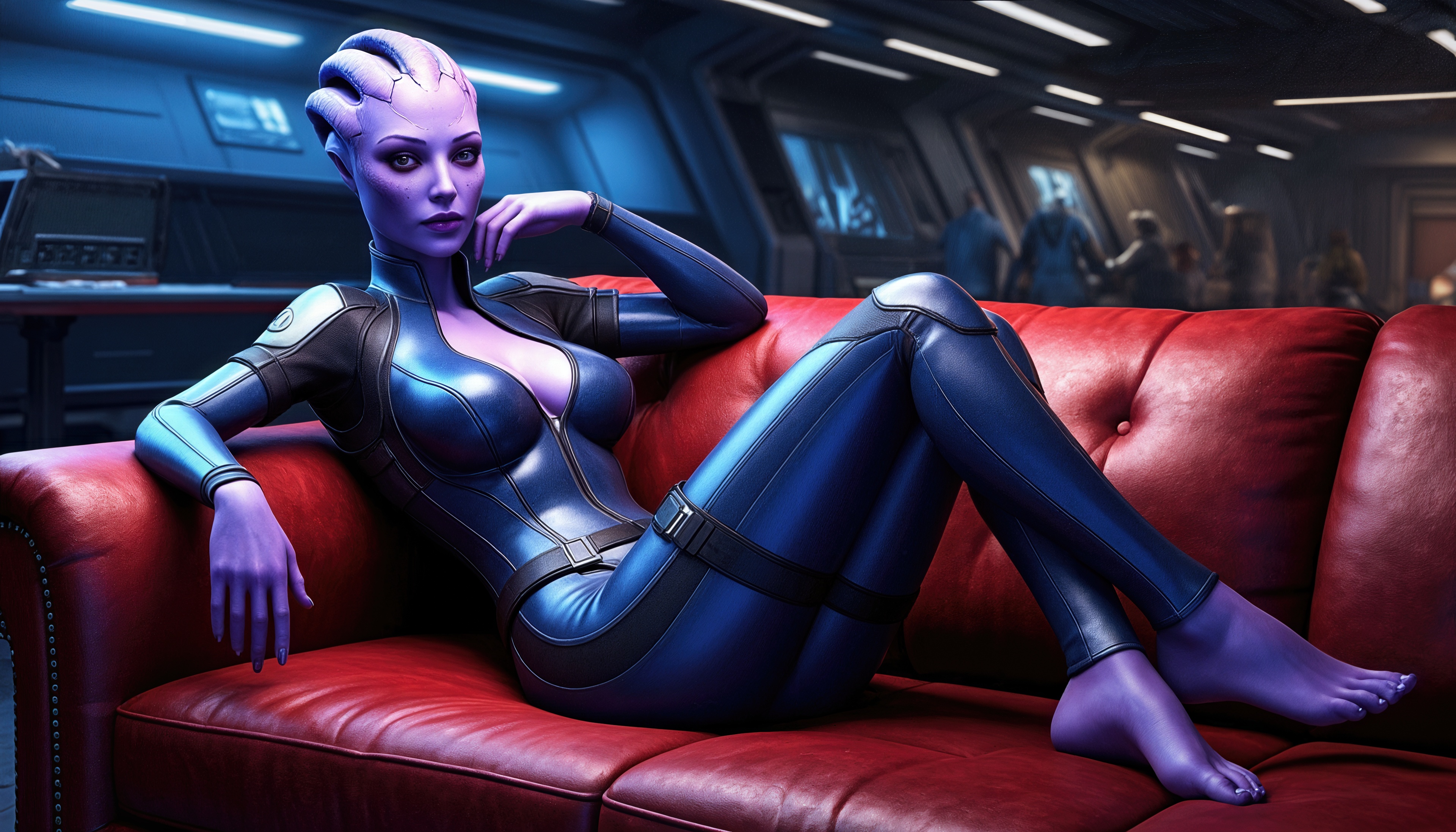 Асари с выразительным взглядом отдыхает на кожаном диване в интерьере космического корабля.