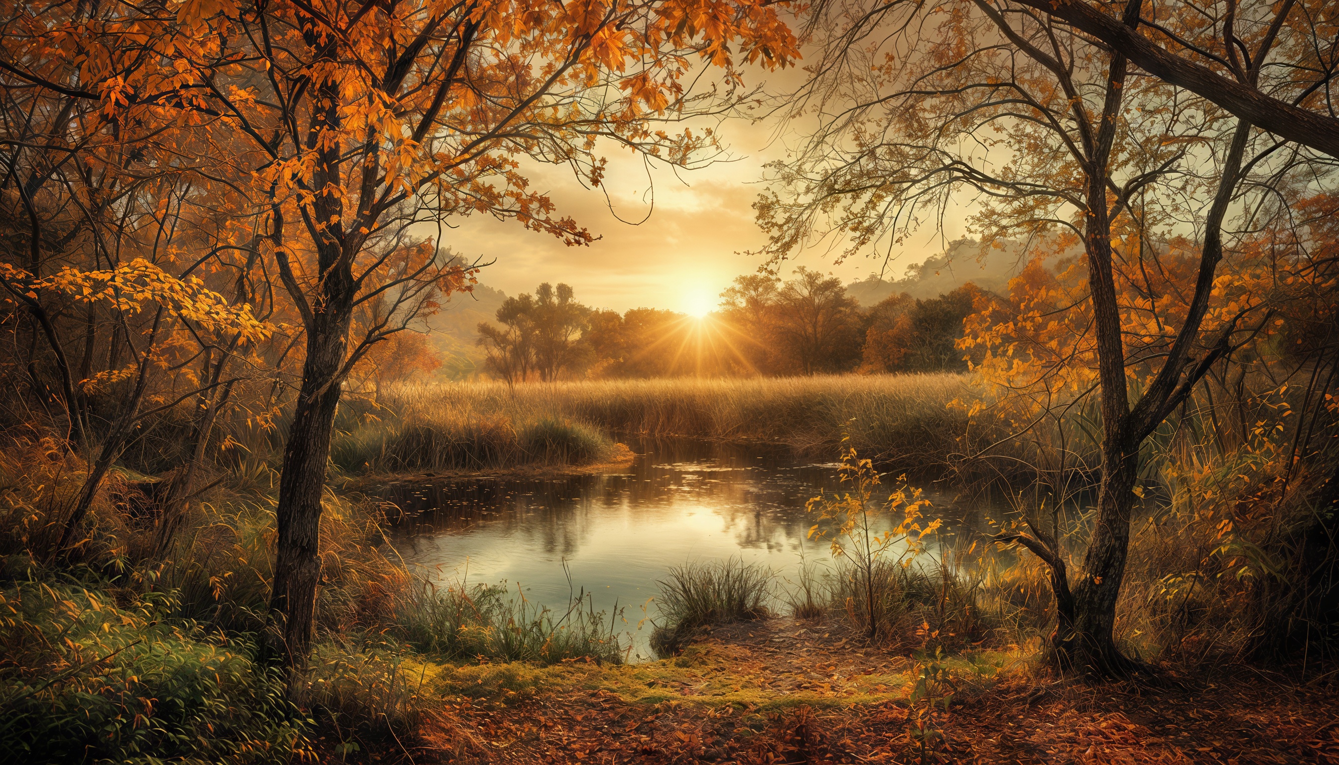 Бесплатное фото Осенний лес с водоемом, золотистым светом и опавшими листьями.