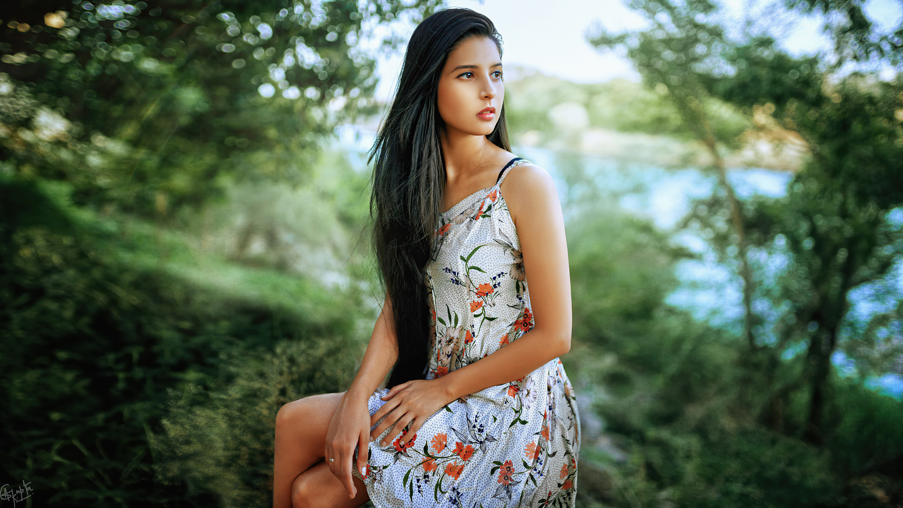 Free photo A long-haired brunette sits by the river