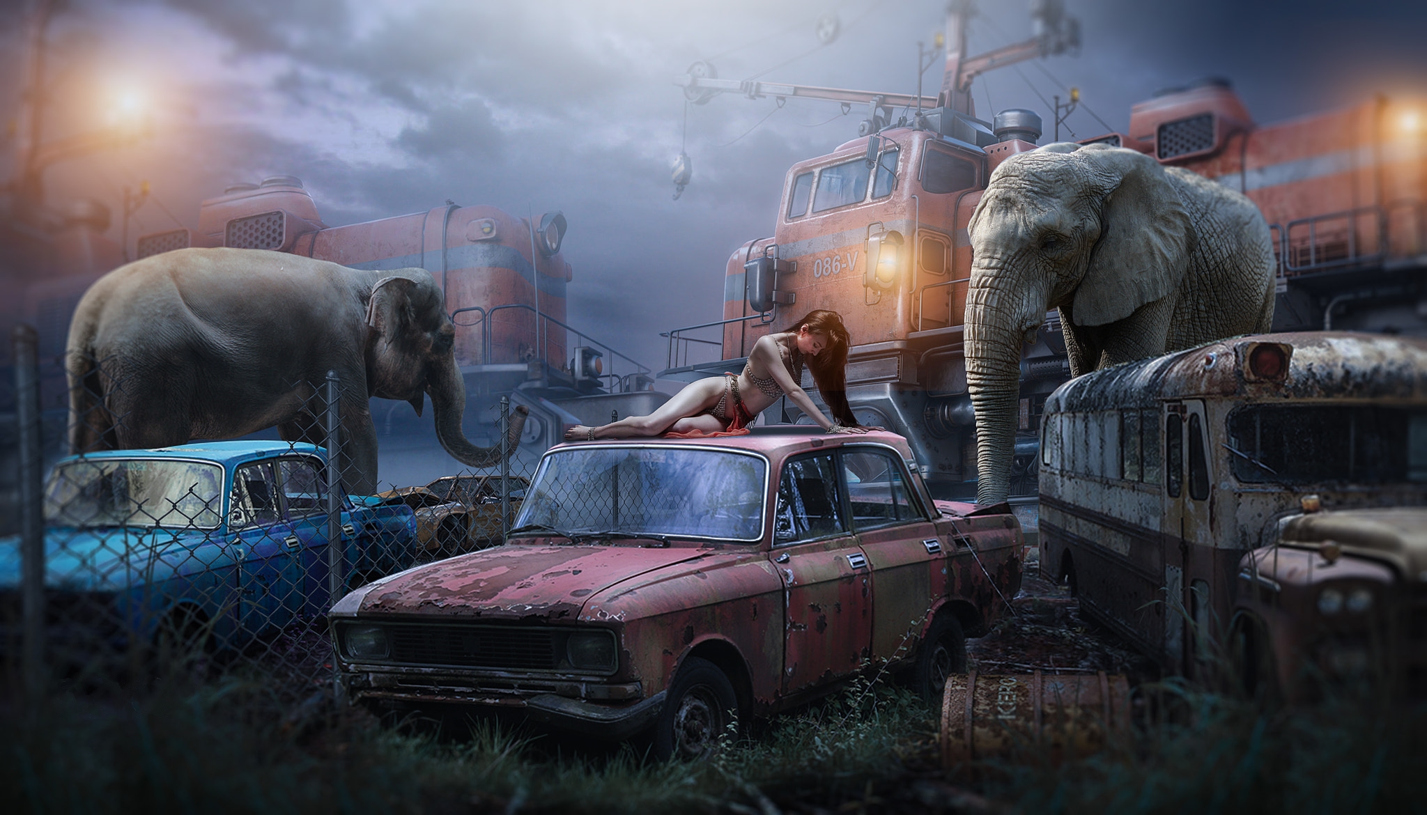 Wallpapers dump car elephant girl on the desktop