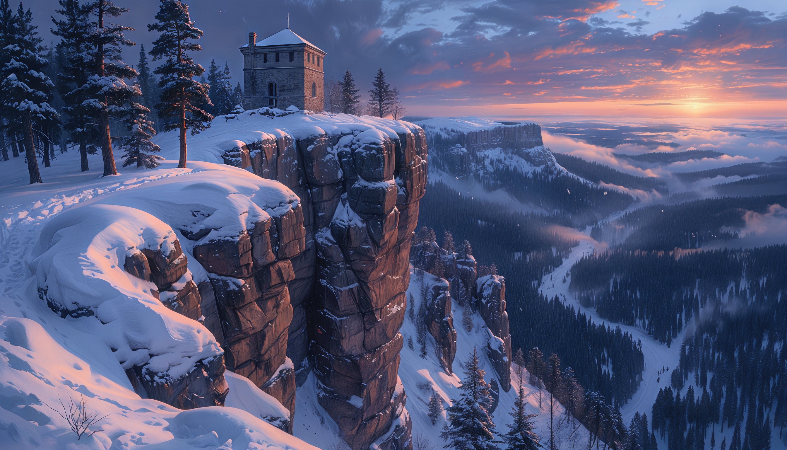 Бесплатное фото Зимний пейзаж с башней на заснеженной скале, окруженной лесом и туманом, при закате.