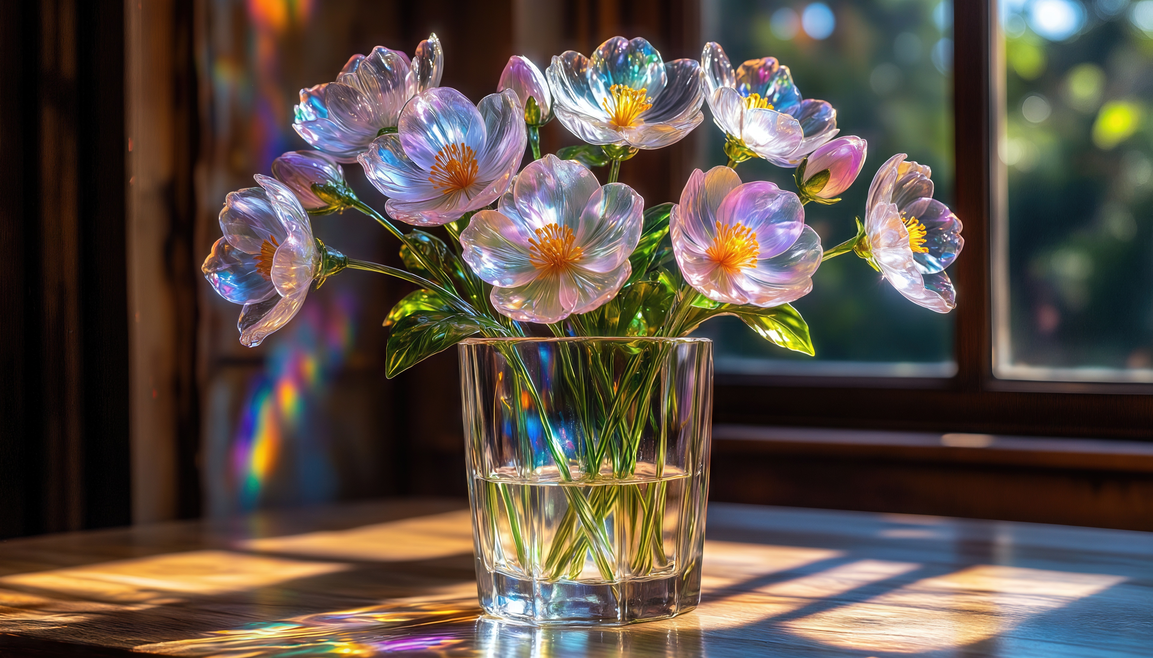 Free photo A glass bouquet in a transparent vase, flooded with sunlight, rainbow highlights on the table.