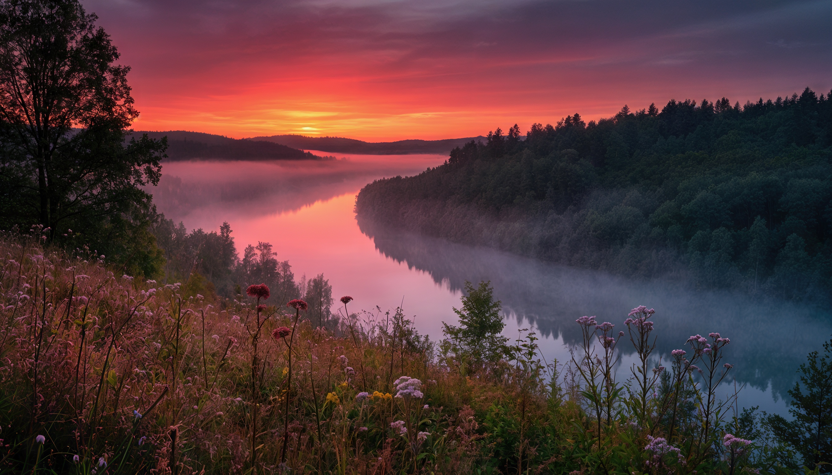 Бесплатное фото Живописный пейзаж с рекой, лесом и закатом - это часть национального парка Русский Север в Вологодской области.