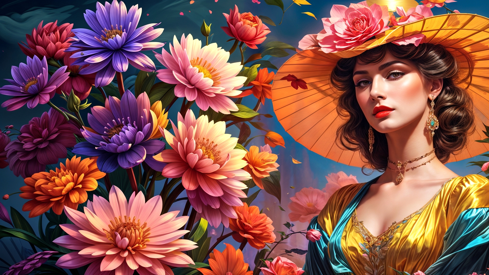 Портрет девушки в шляпе и цветы