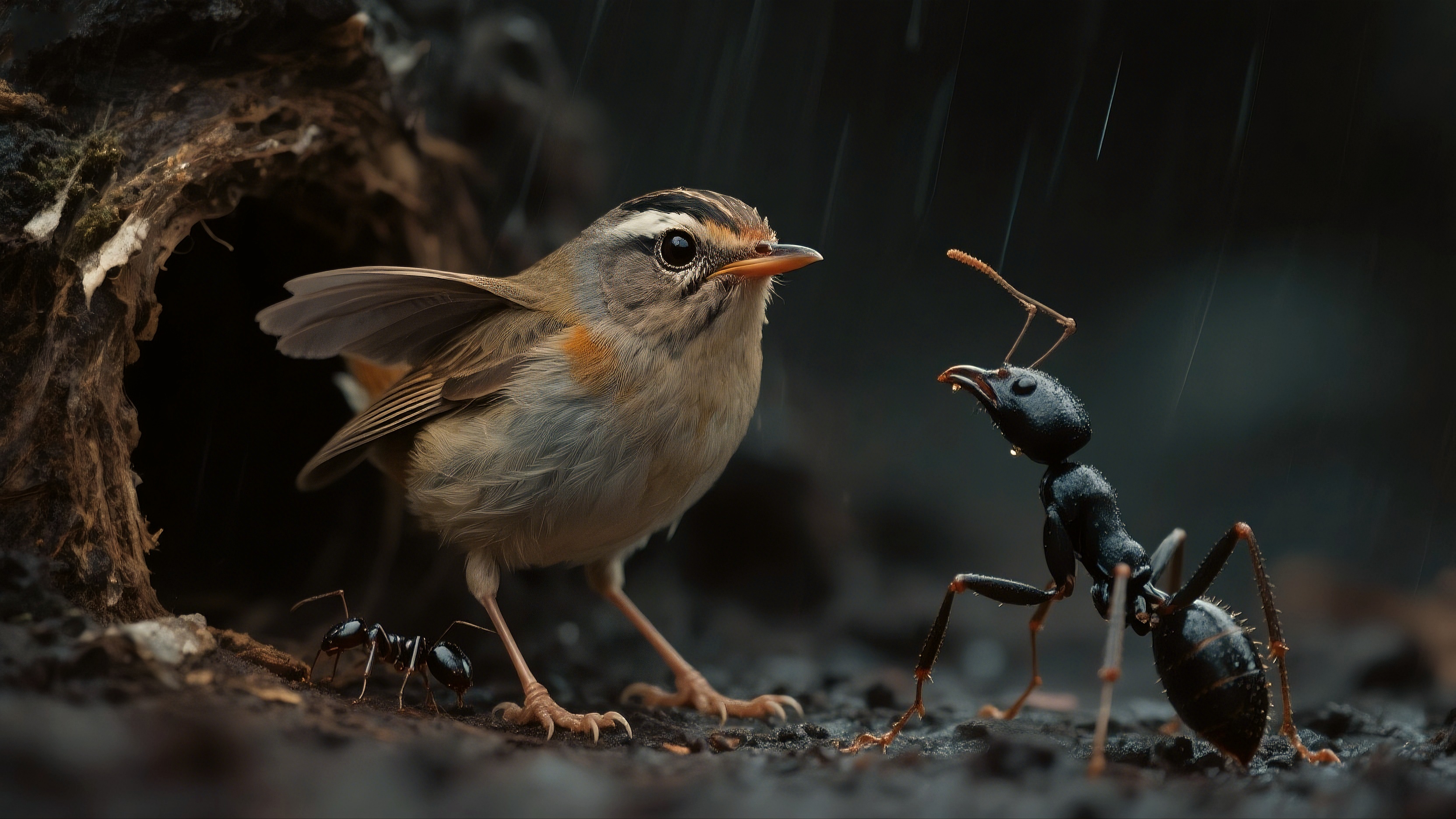 Бесплатное фото Птица и муравей заглядывают в отверстие в земле