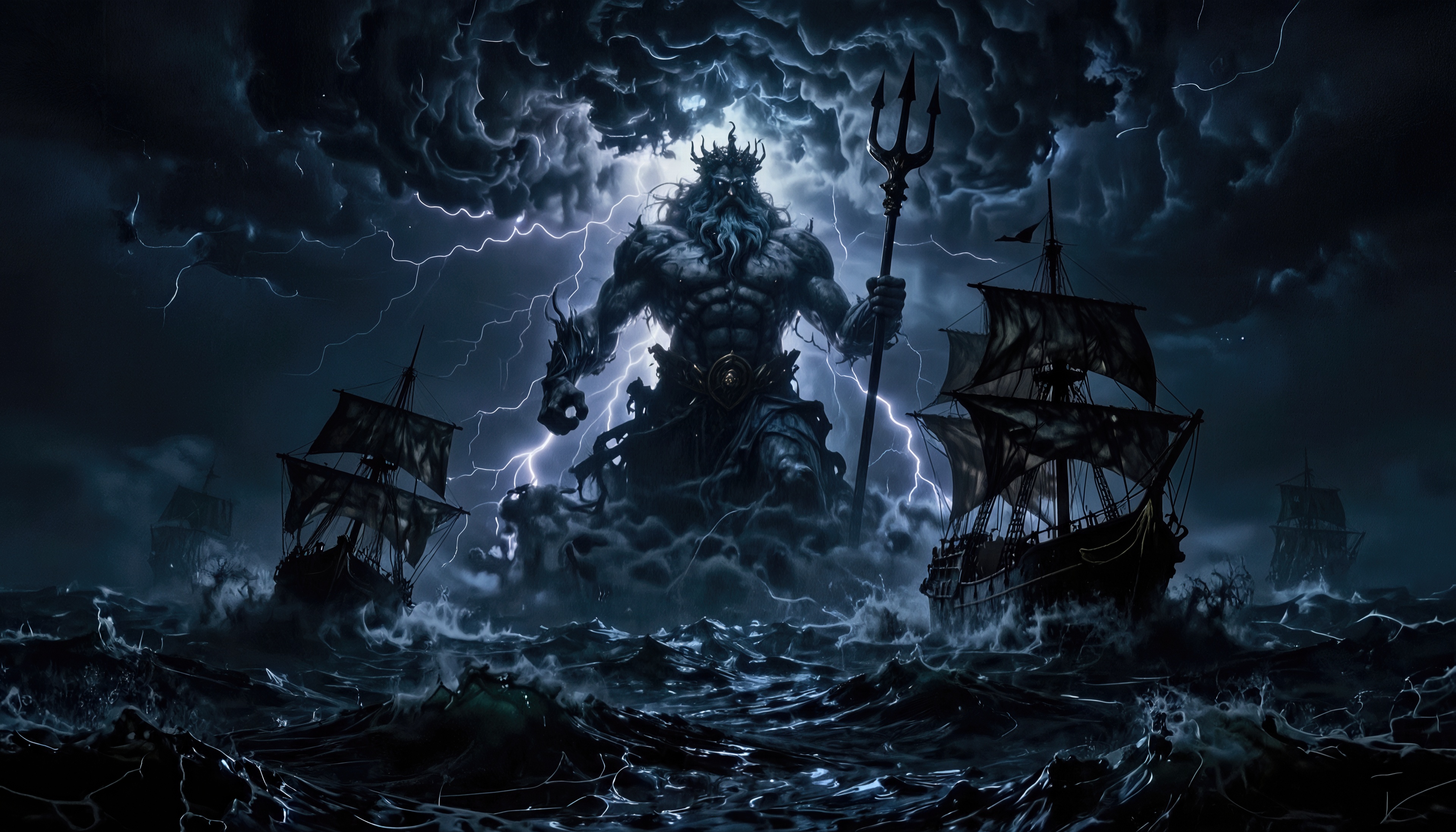 Free photo God of the seas in anger: storm, lightning and sailing ships around.