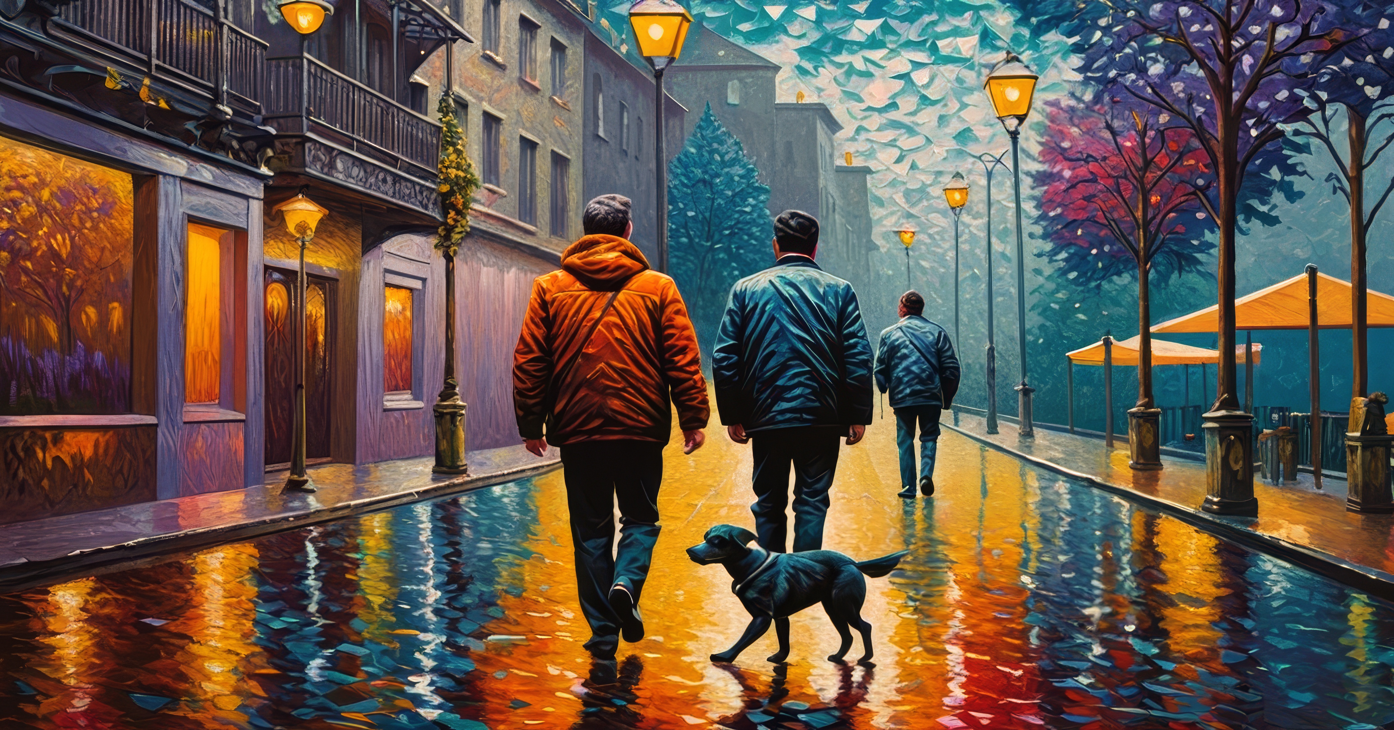 Two people walking down a street on a rainy night