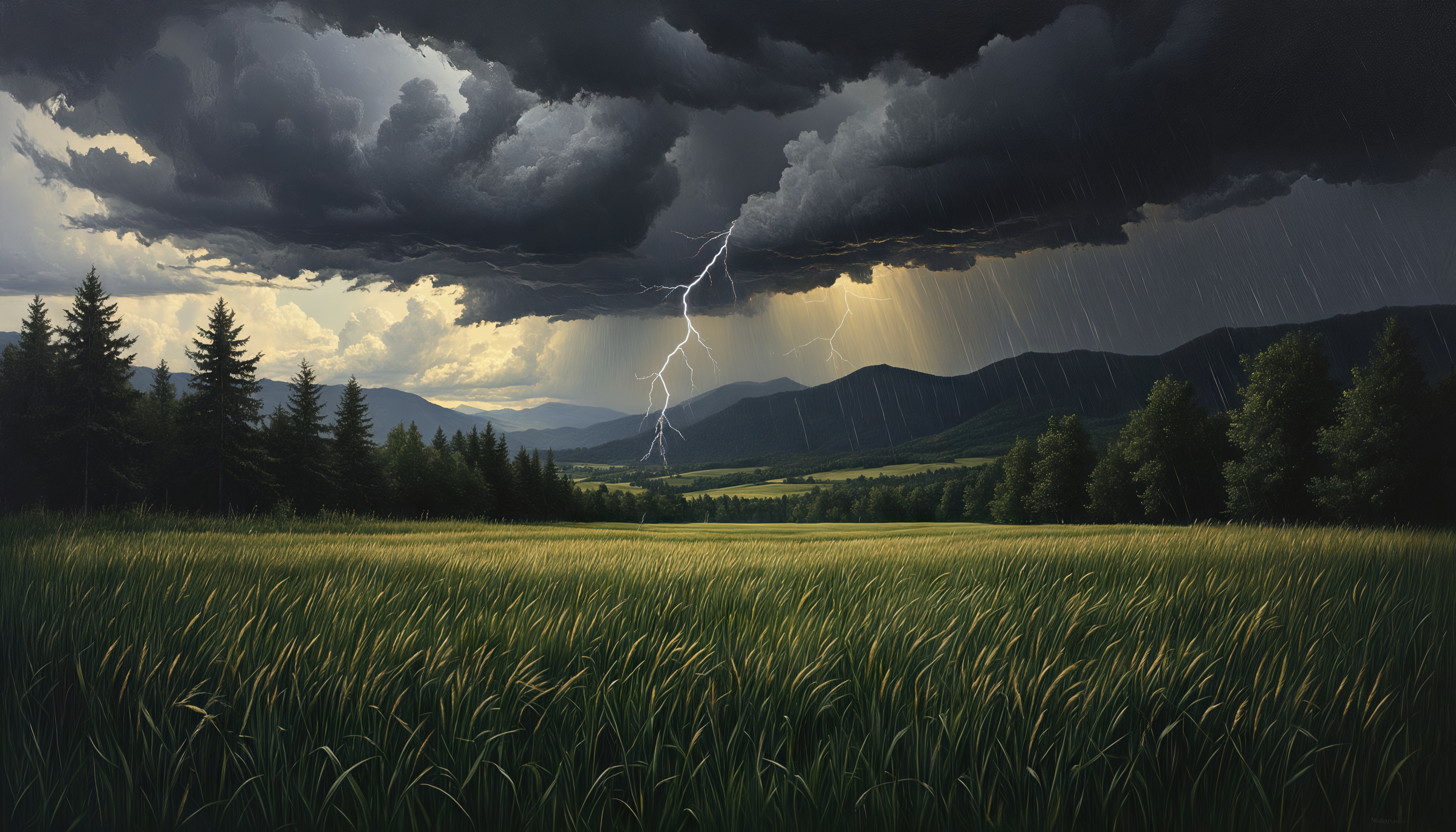 Бесплатное фото Грозовое небо над полем: молнии, дождь, тёмные облака.