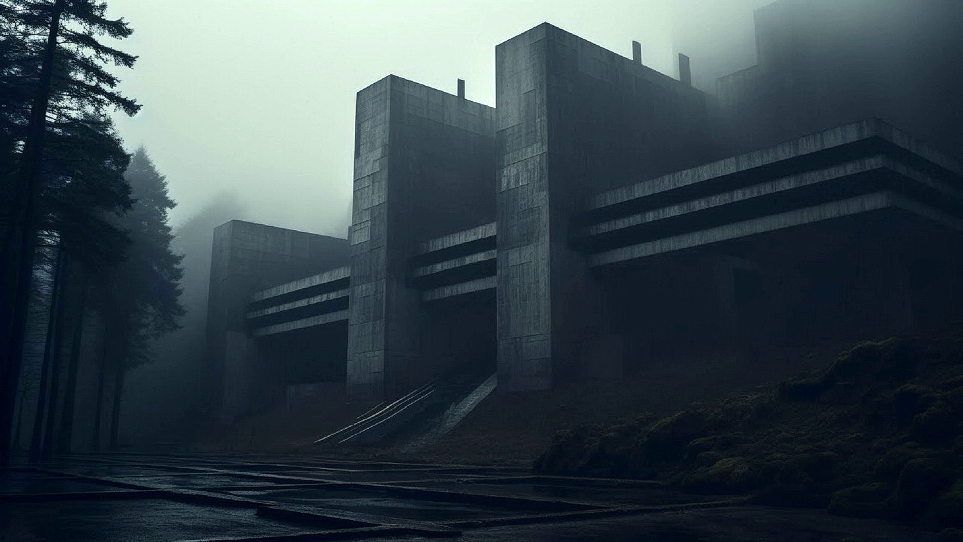 雾中的灰色未来派建筑