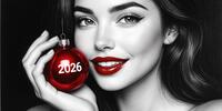 Девушка с красными губами держит новогодний шар с надписью 2026.