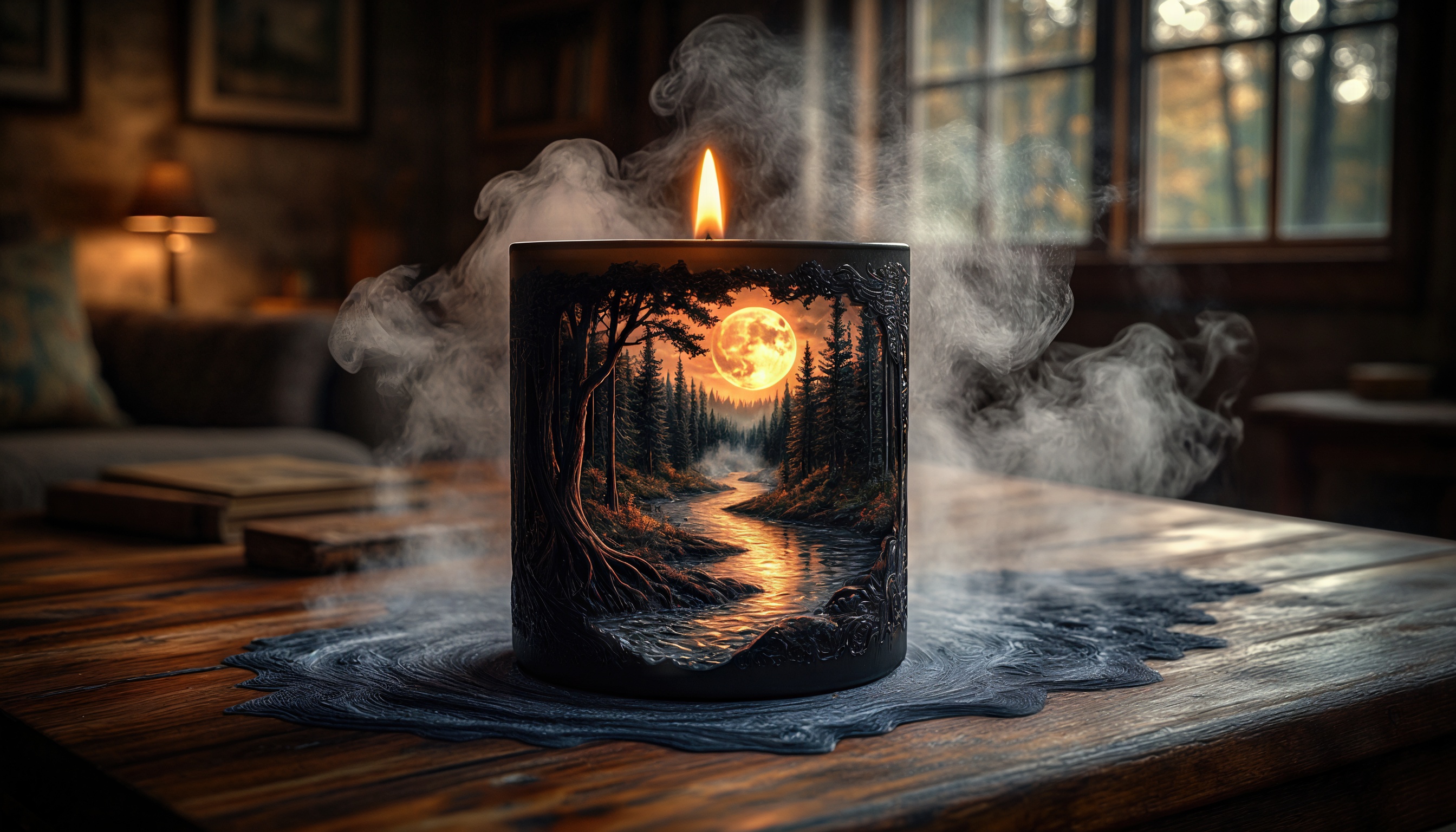 Горящая свеча с изображением ночного леса и луны создает мистическую атмосферу в интерьере.