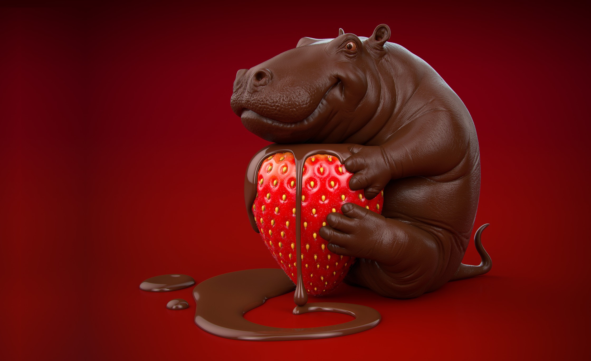 一只巧克力河马坐在那里，手里拿着一颗草莓