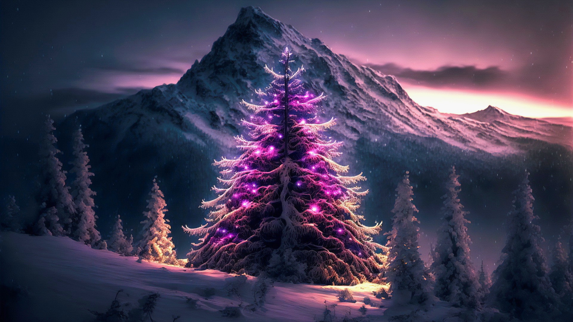 免费照片用紫色花环装饰的圣诞树