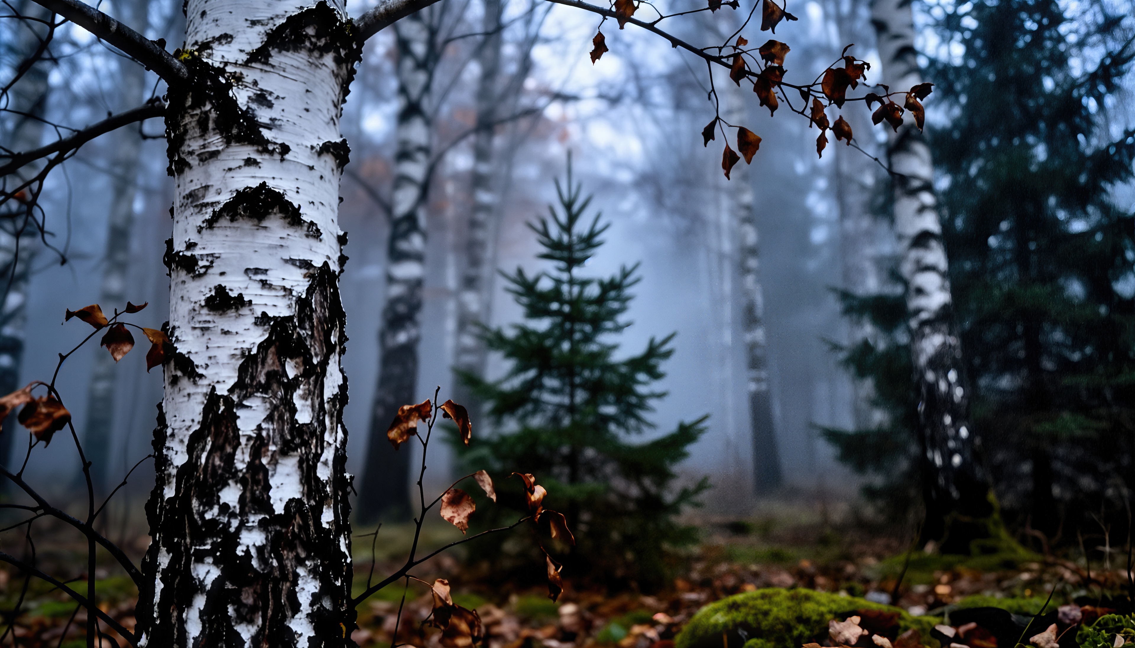 Autumn landscape: birch trunk in close-up with sparse dry leaves against the background of a mysterious forest in a thick fog.