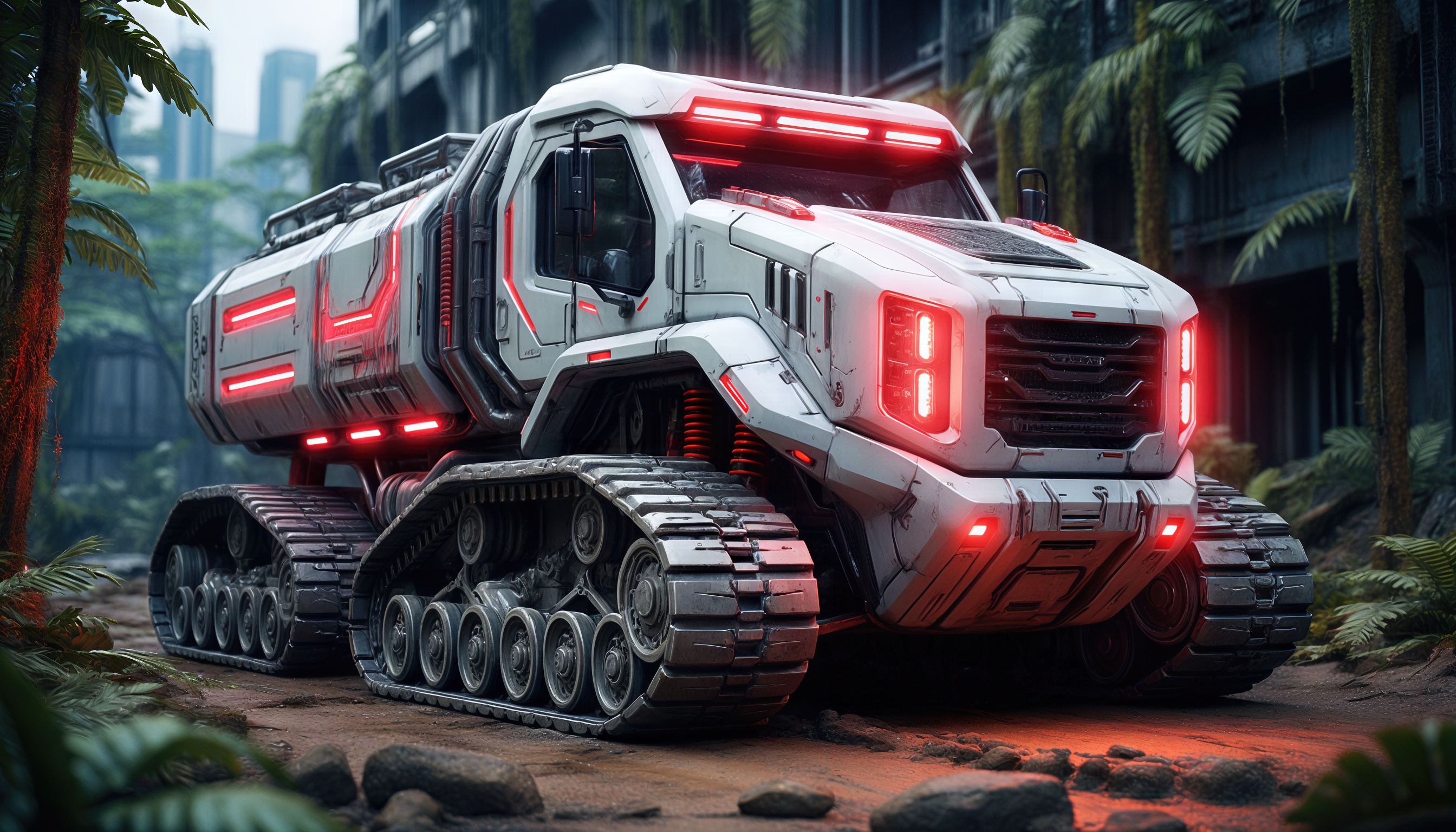 Футуризм и природа: вездеход среди городских руин.