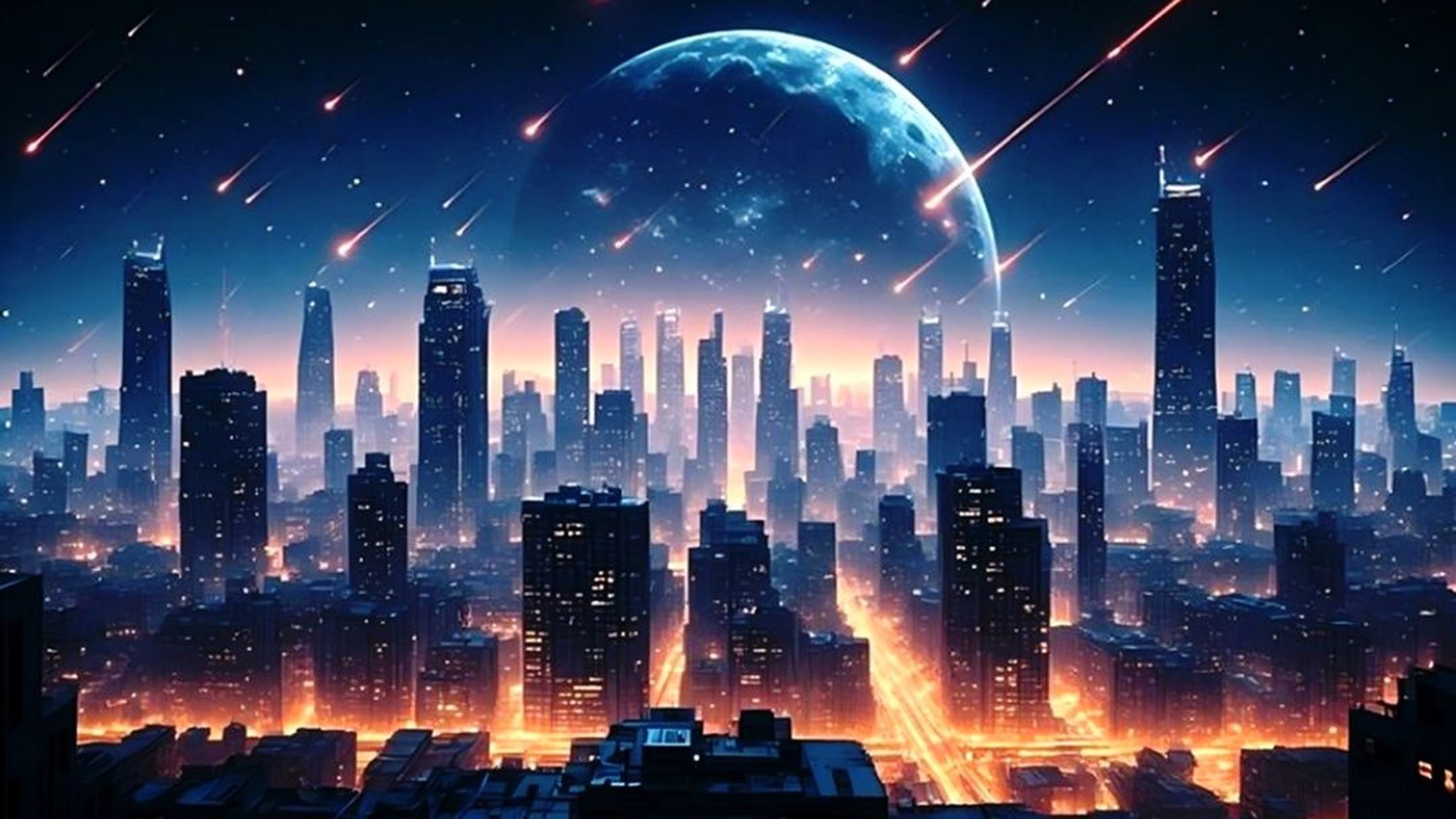 Бесплатное фото Звездопад над ночным мегаполисом.