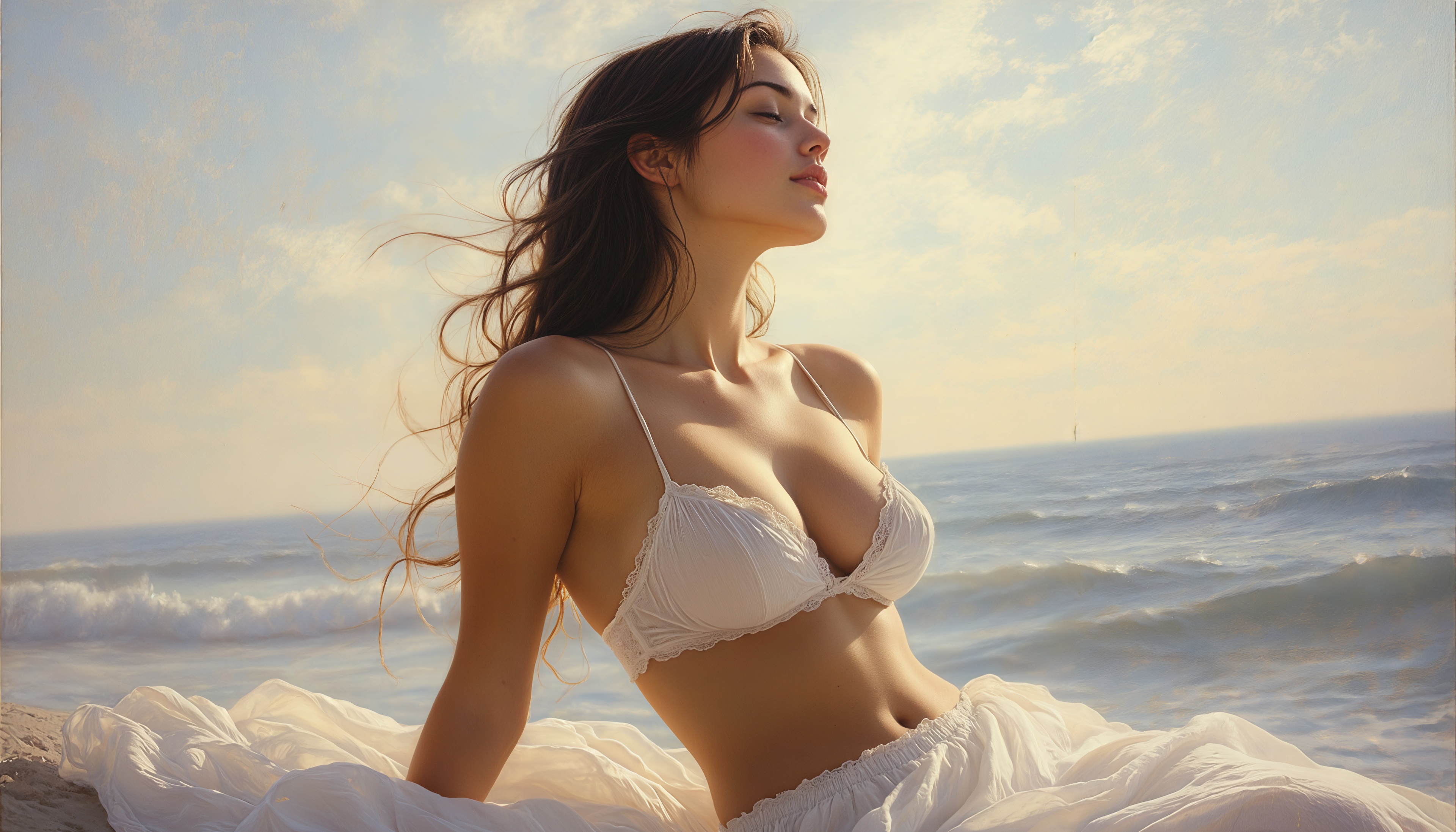 Бесплатное фото Девушка наслаждается морским бризом на закате.