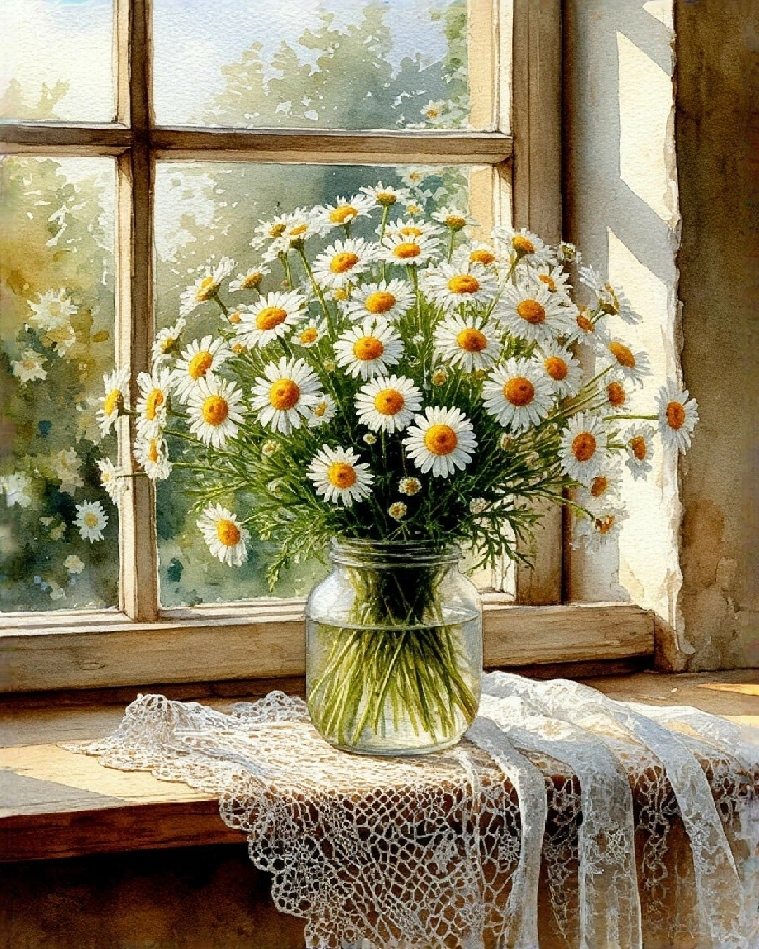 Free photo A bouquet of white daisies in a glass vase on the windowsill.