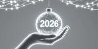 Рука держит светящийся новогодний шар с надписью 2026 под гирляндой.