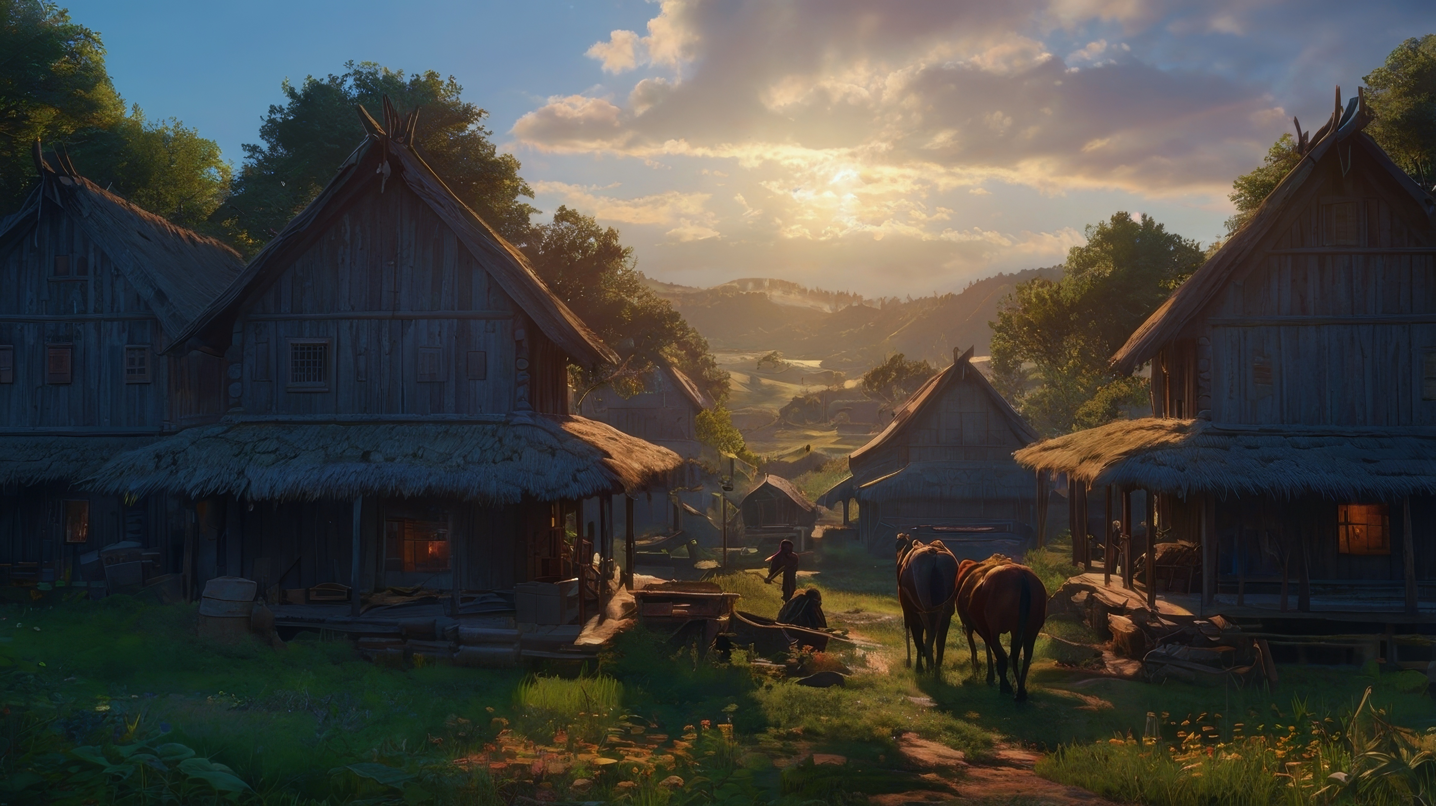 Бесплатное фото Фотография лошади и всадников возле старой деревни