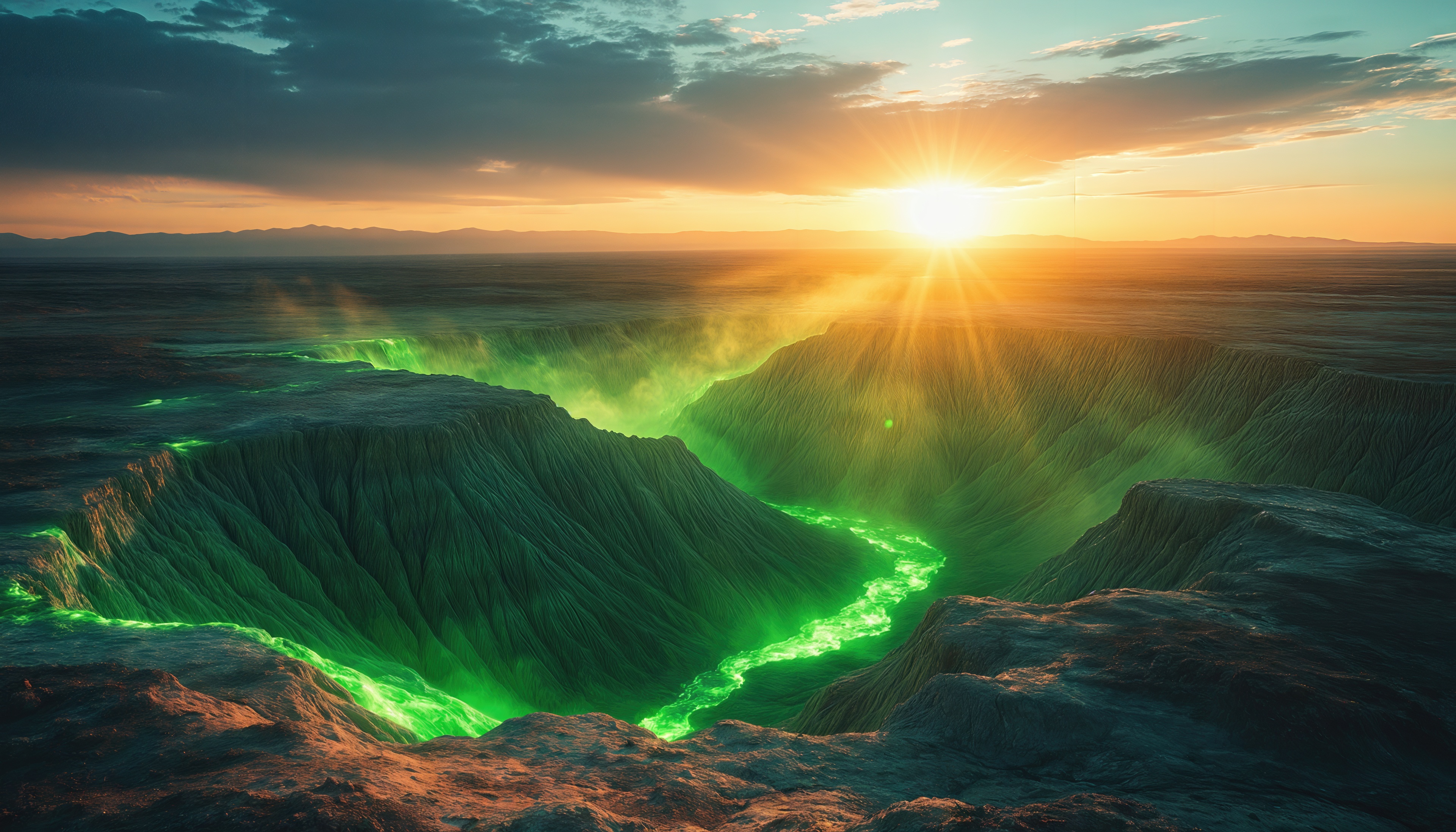 Free photo The setting sun illuminates the canyon, along the bottom of which flows a mysterious green river.