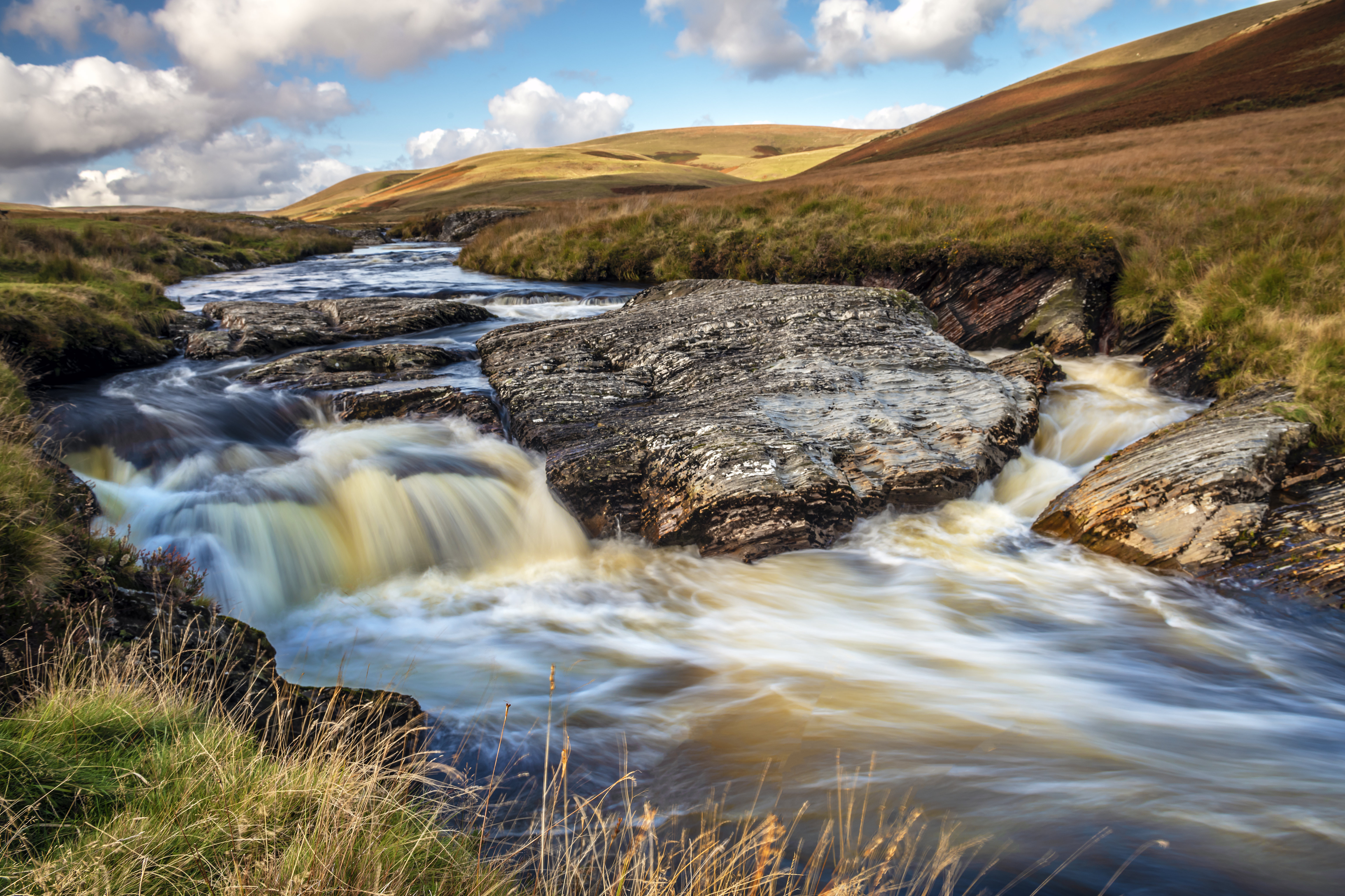 Free photo A river in a field with a small waterfall