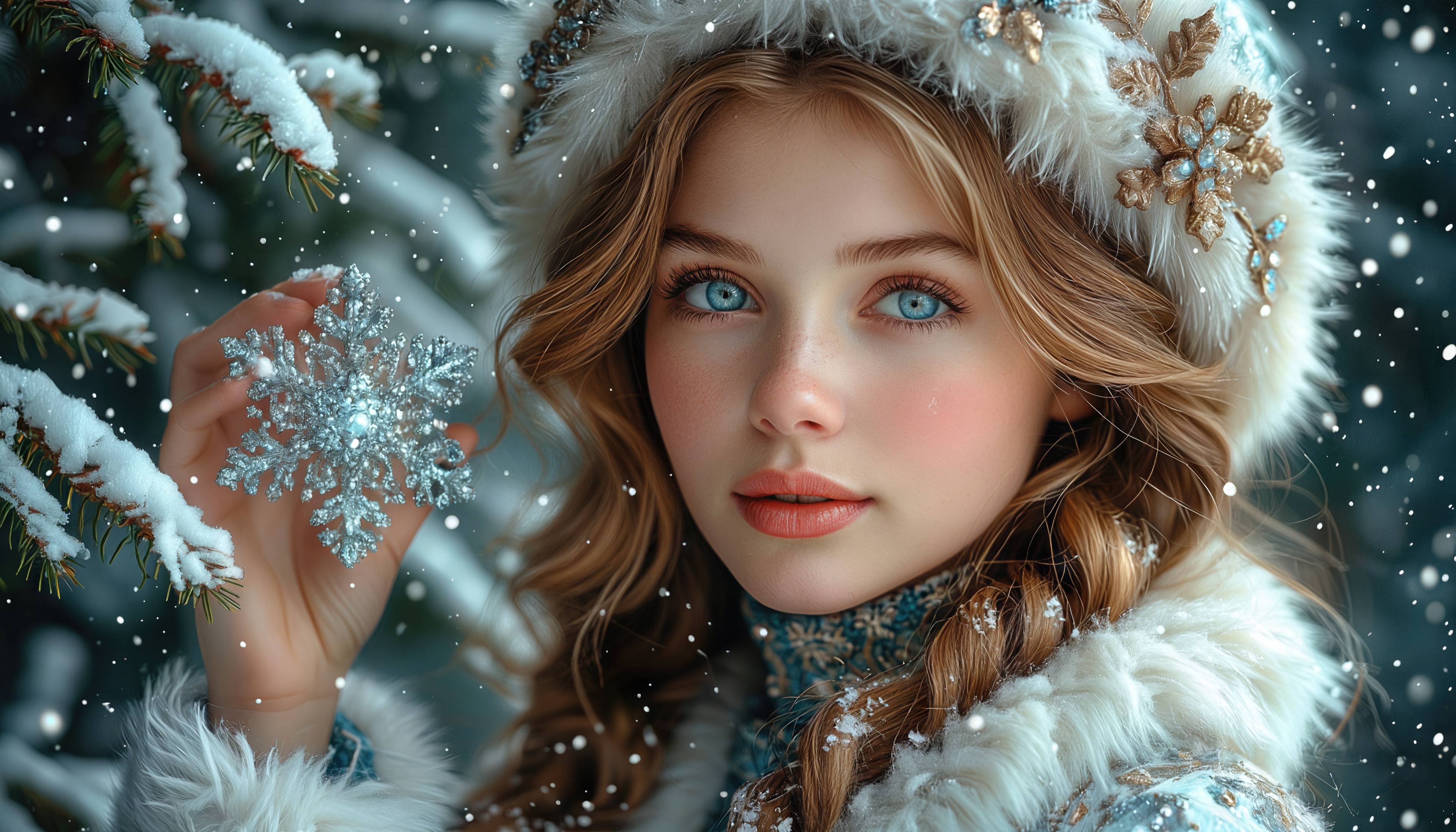 Хрустальная снежинка в руках зимней красавицы.