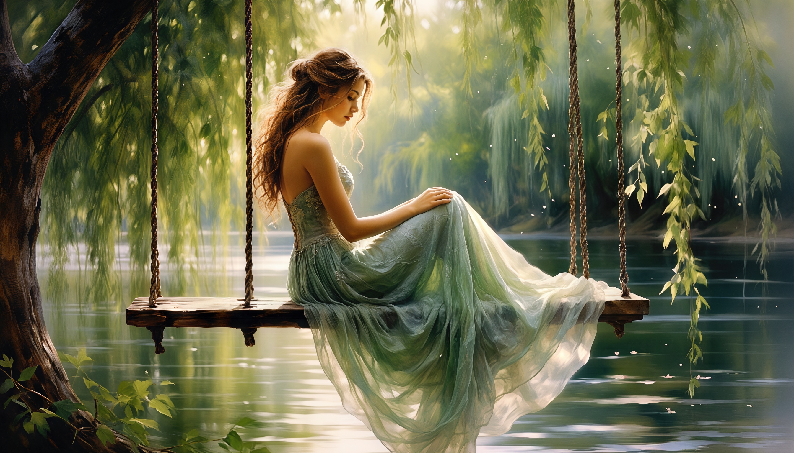 Бесплатное фото Девушка в зелёном платье задумчиво качается на качелях над зеркальной гладью озера, окутанная шёпотом ив.