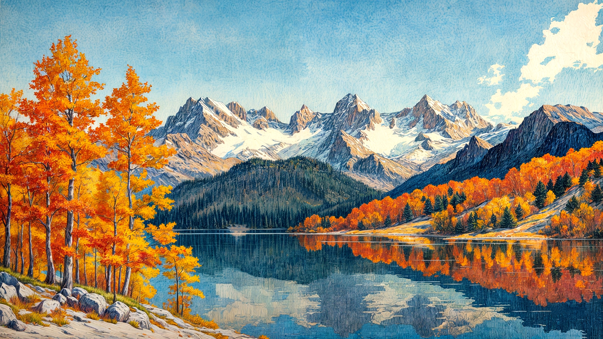 Бесплатное фото Рисунок озера окруженного горами и деревьями