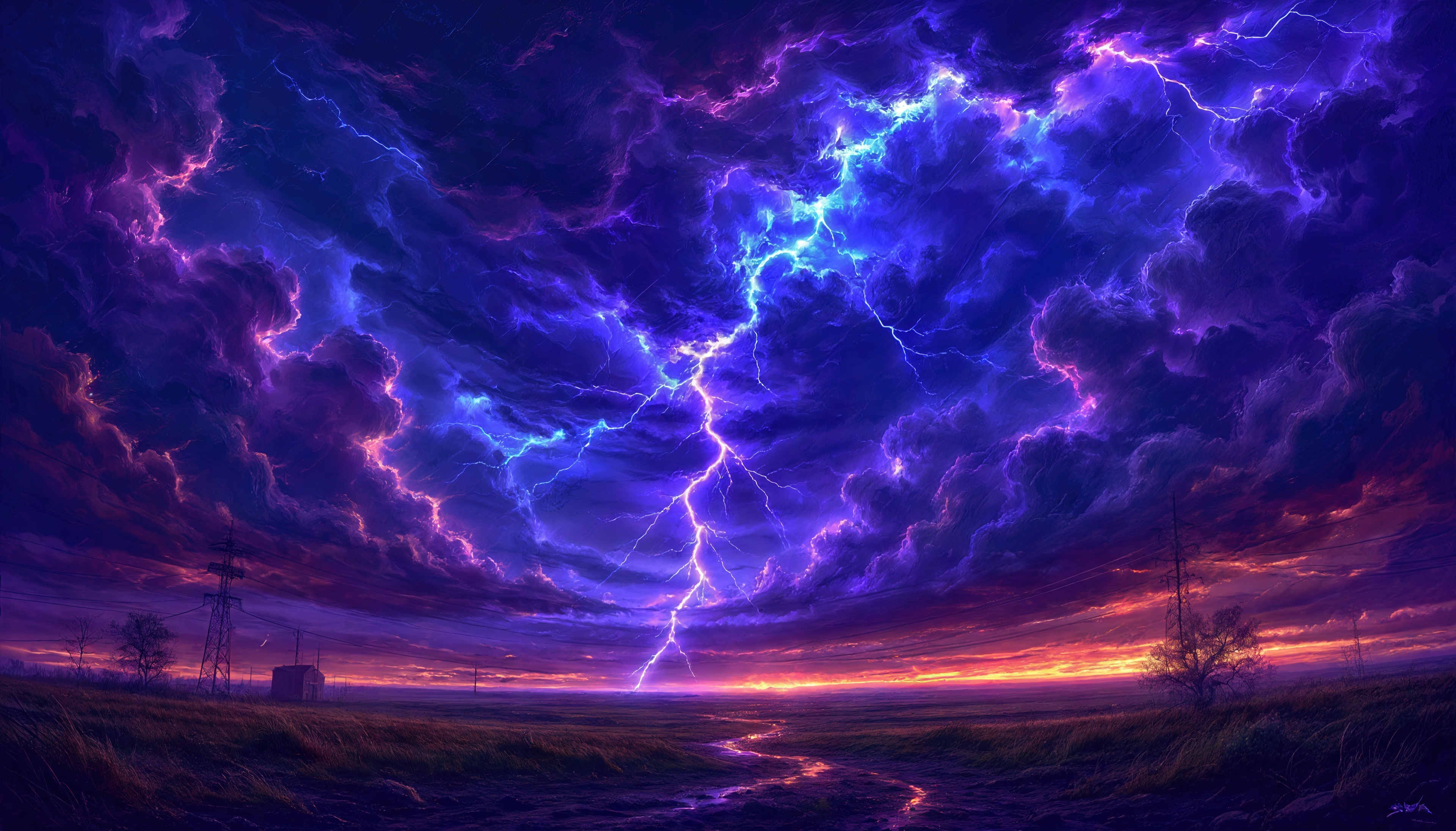Бесплатное фото Грозовое небо с молниями над полем, линии электропередач и деревья на фоне заката.