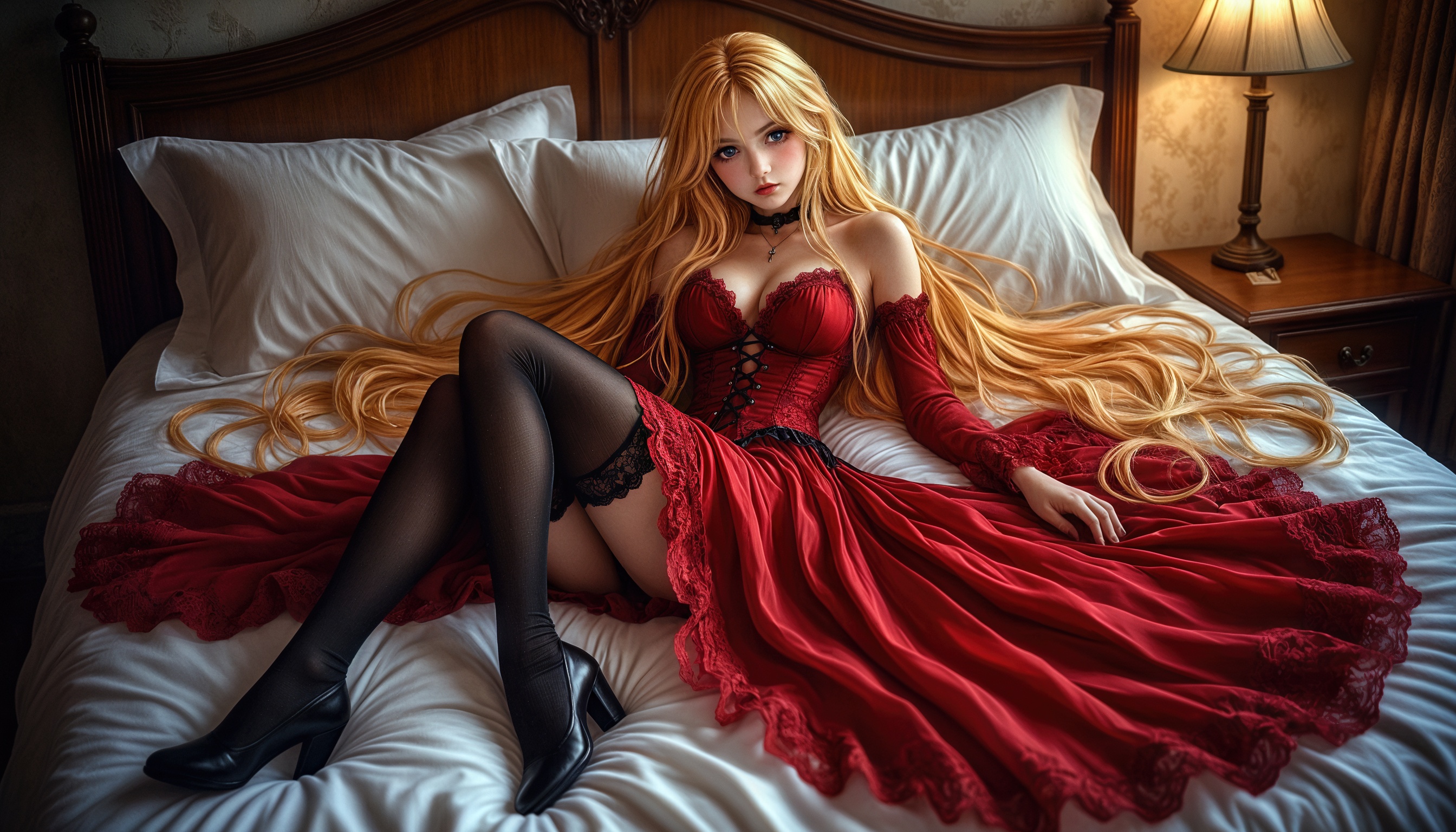Бесплатное фото Аниме-девушка в красном платье с корсетом на кровати.