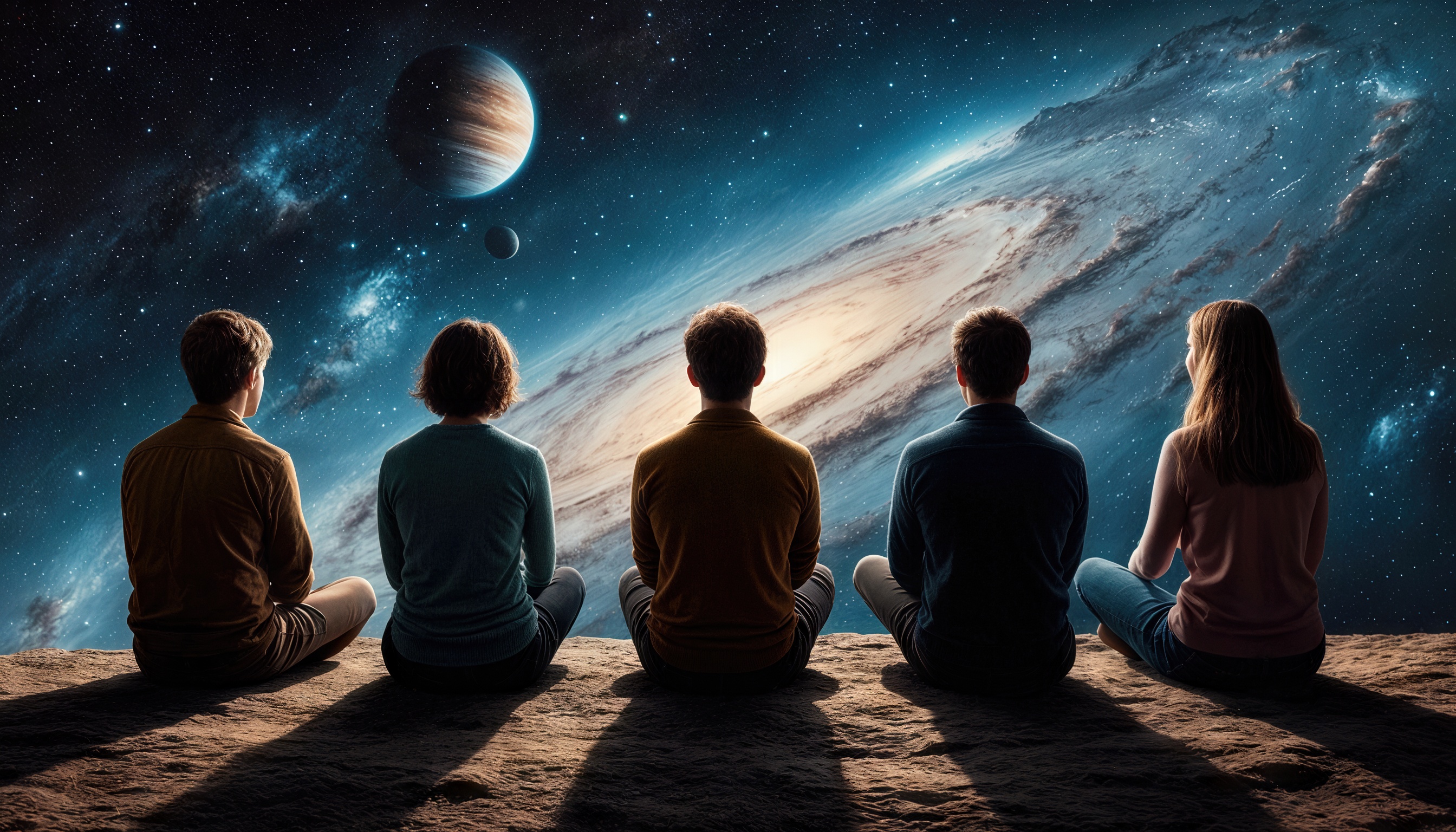 Бесплатное фото Пять друзей сидят на краю земли и смотрят на звездное небо