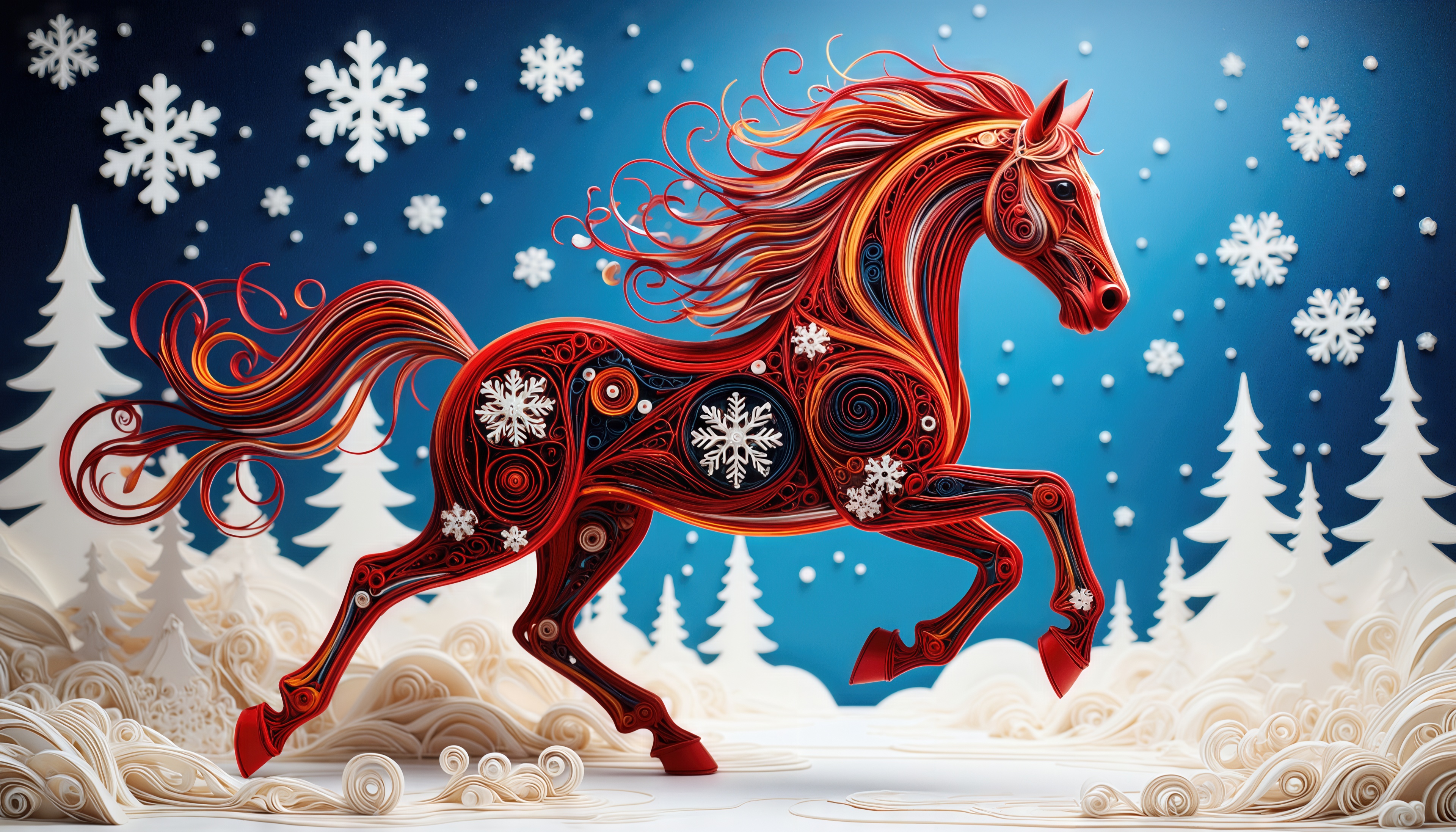 Стилизованная лошадь в технике квиллинг на зимнем фоне.