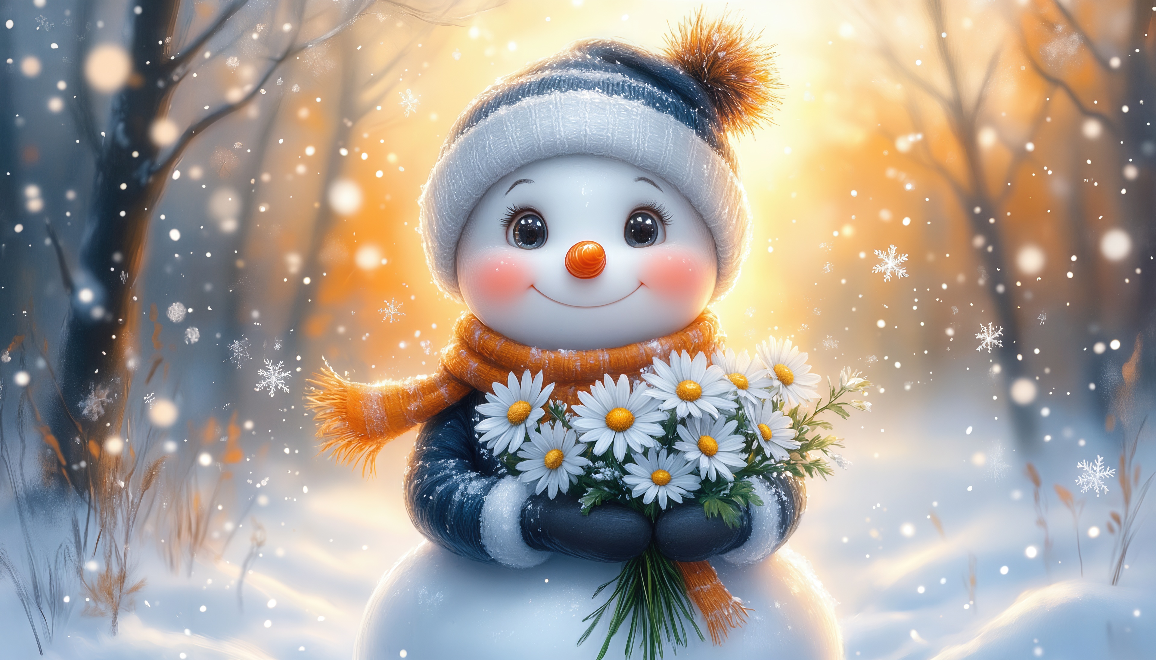 Бесплатное фото Снеговик с румяными щёчками и букетом цветов на фоне снежного заката.