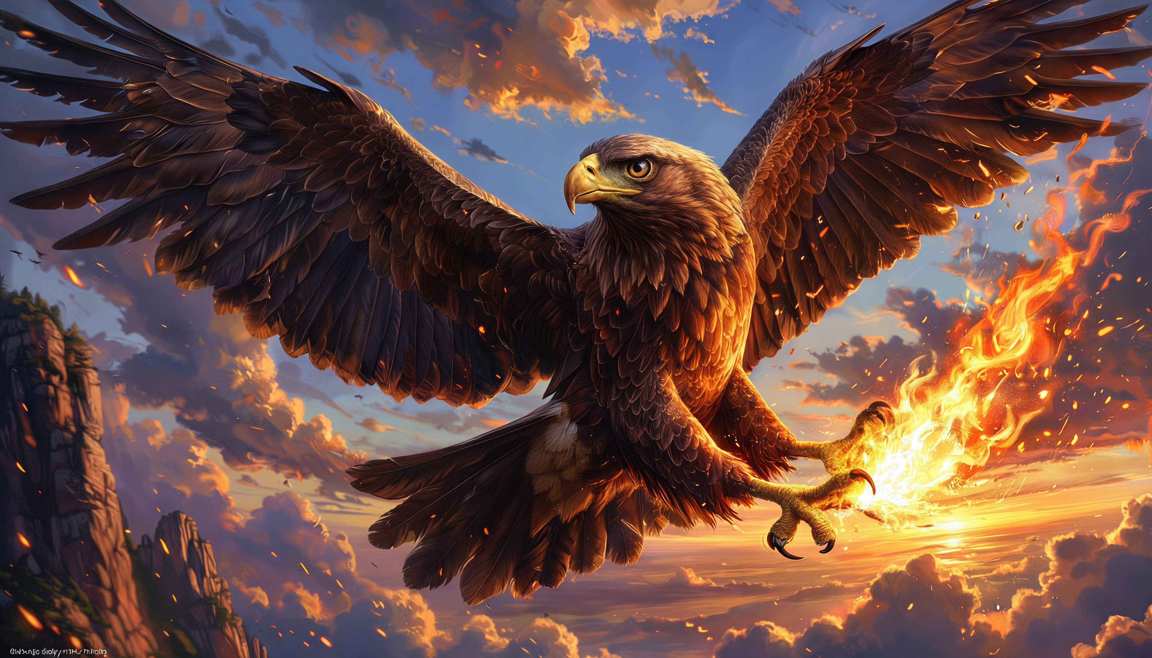 Free photo Epic fantasy art with a soaring golden eagle, whose claws are wrapped in a mystical bright flame.