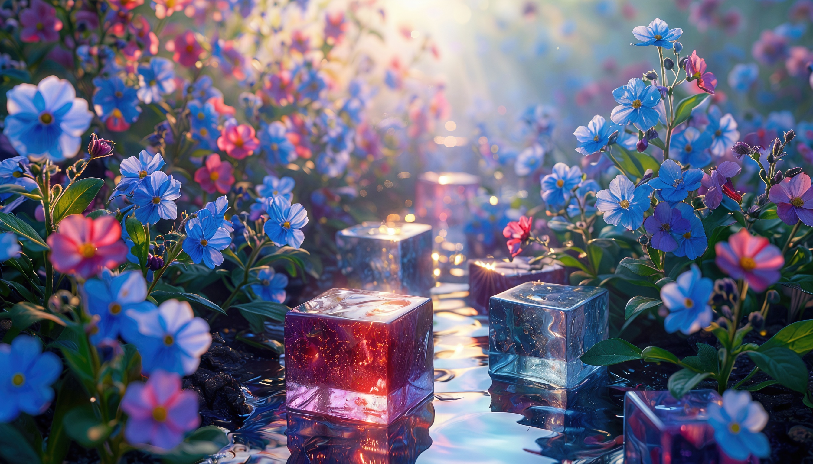 Фантастический пейзаж с цветами и кристаллами, создающий атмосферу волшебства и гармонии с природой.