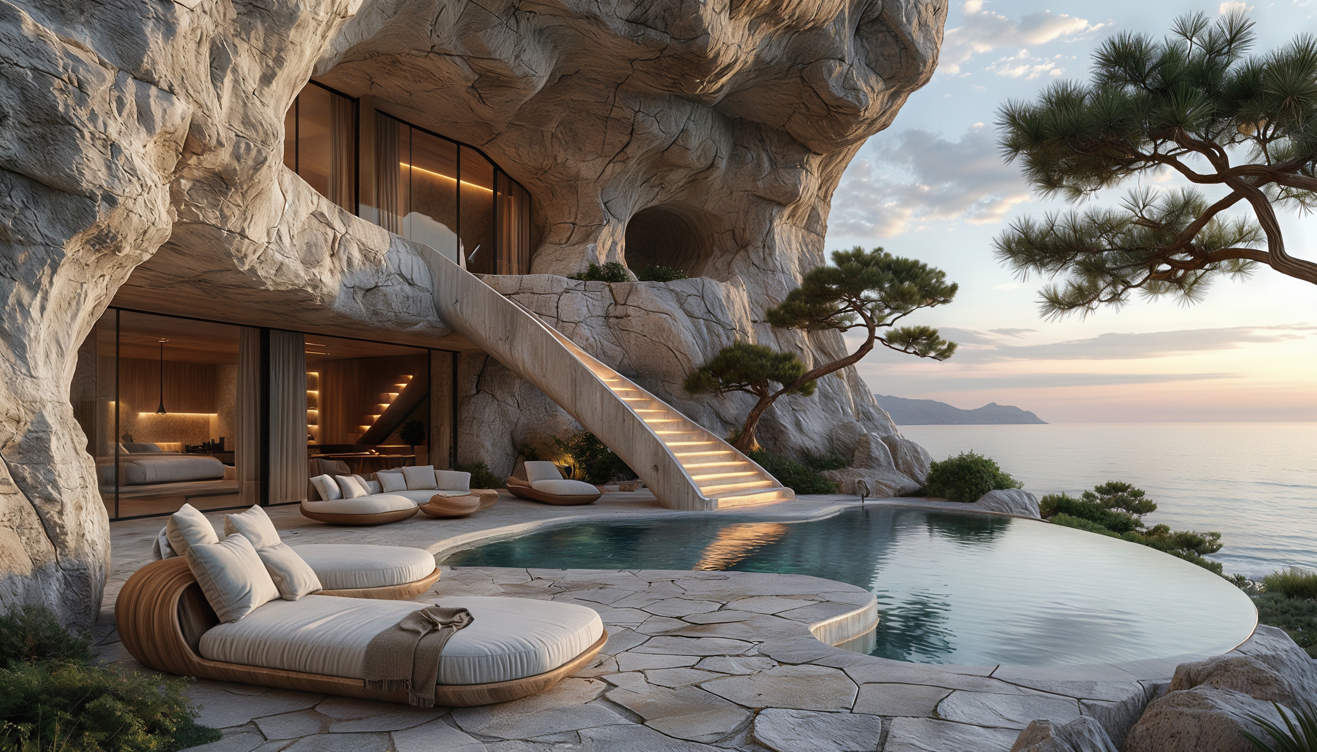 Бесплатное фото Современный дом в скале с панорамным видом на море, бассейном и уютными лежаками.