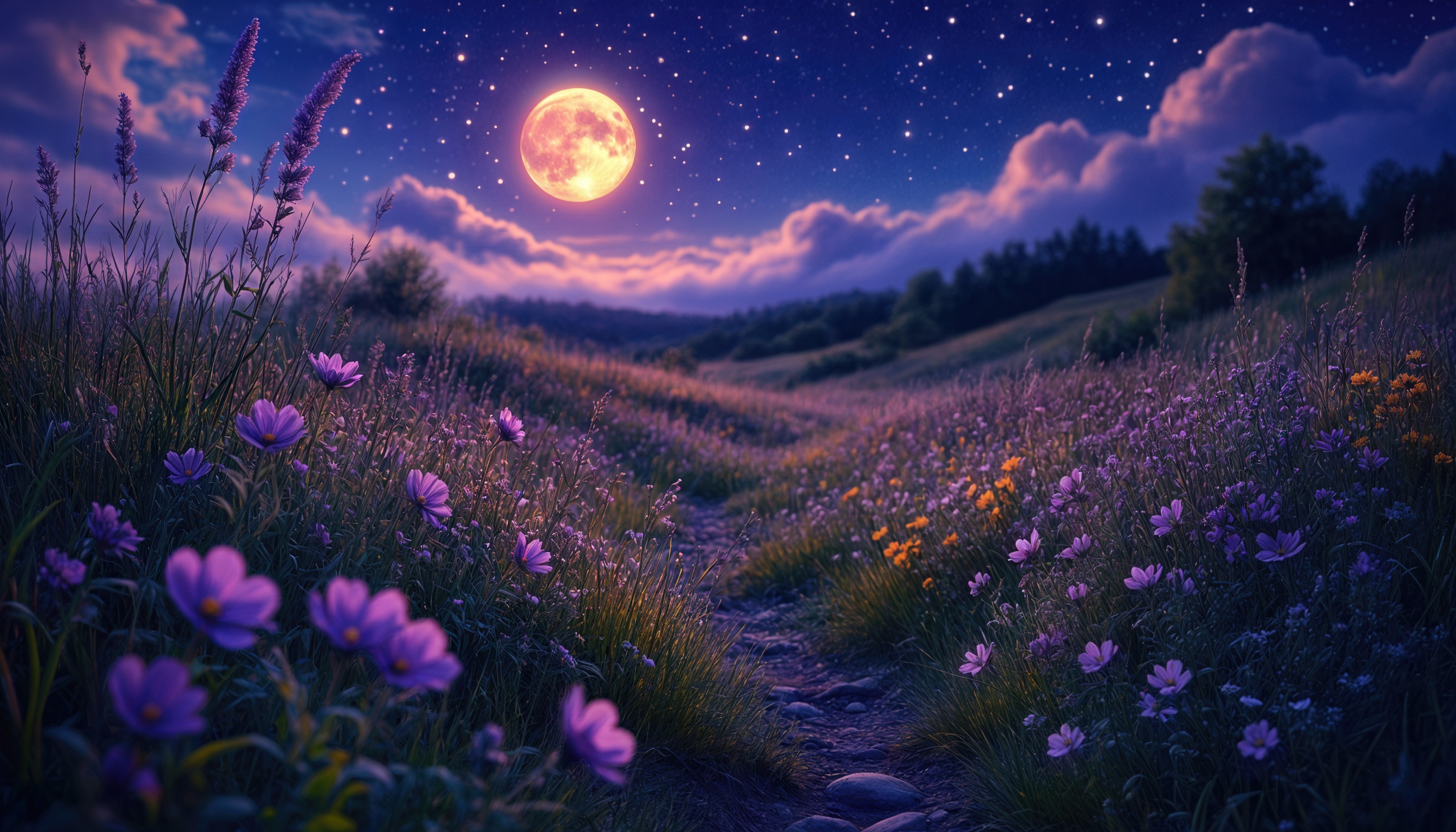 Ночной пейзаж с полевой тропинкой, окруженной цветами, под светом луны и звезд на фоне холмов и леса.