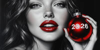 Девушка с ярко-красными губами держит новогодний шар с надписью 2026.