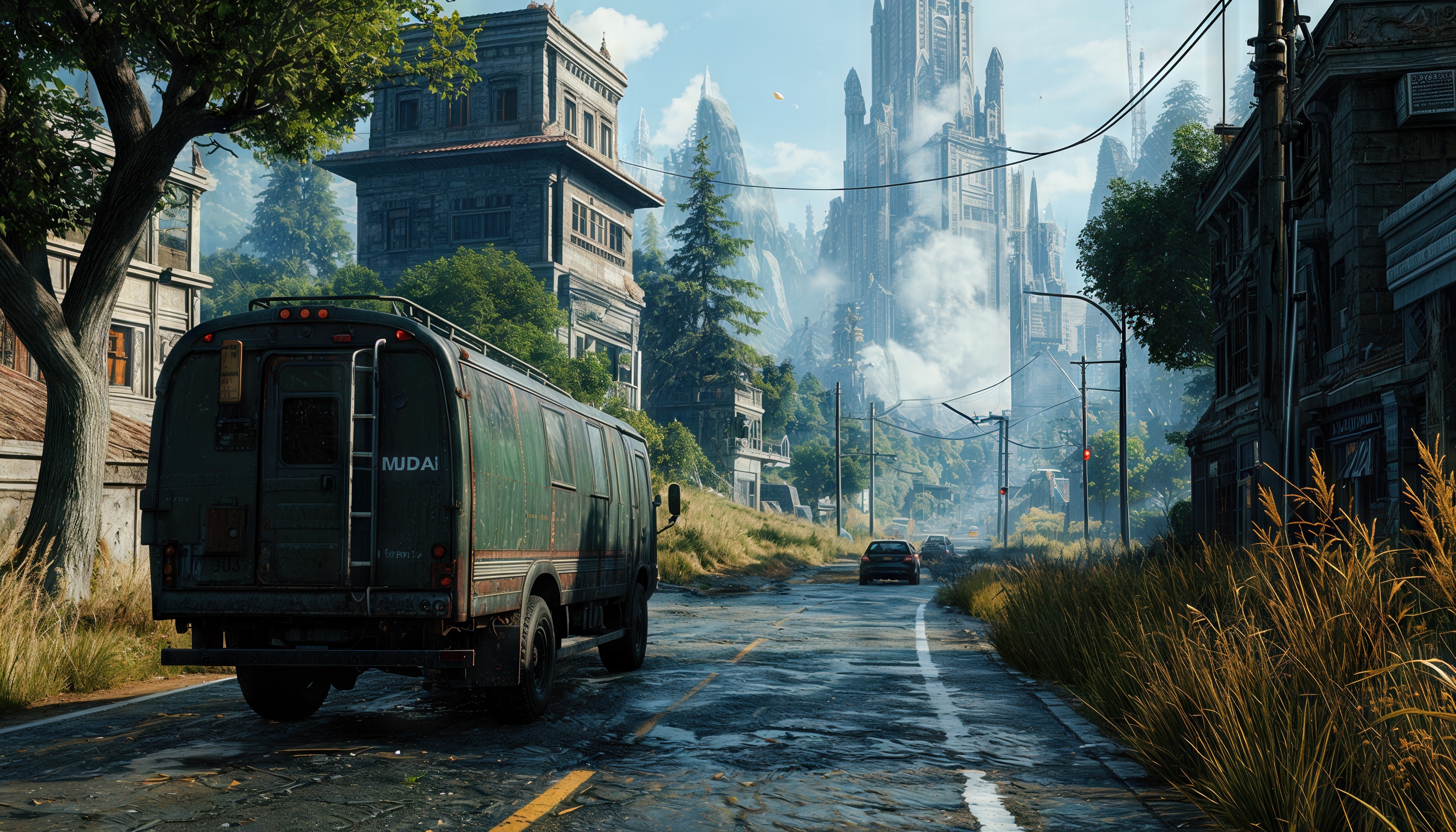 Бесплатное фото Фрагмент из Fallout 76: грузовик на заброшенной дороге, разрушенные здания, мрачная атмосфера.