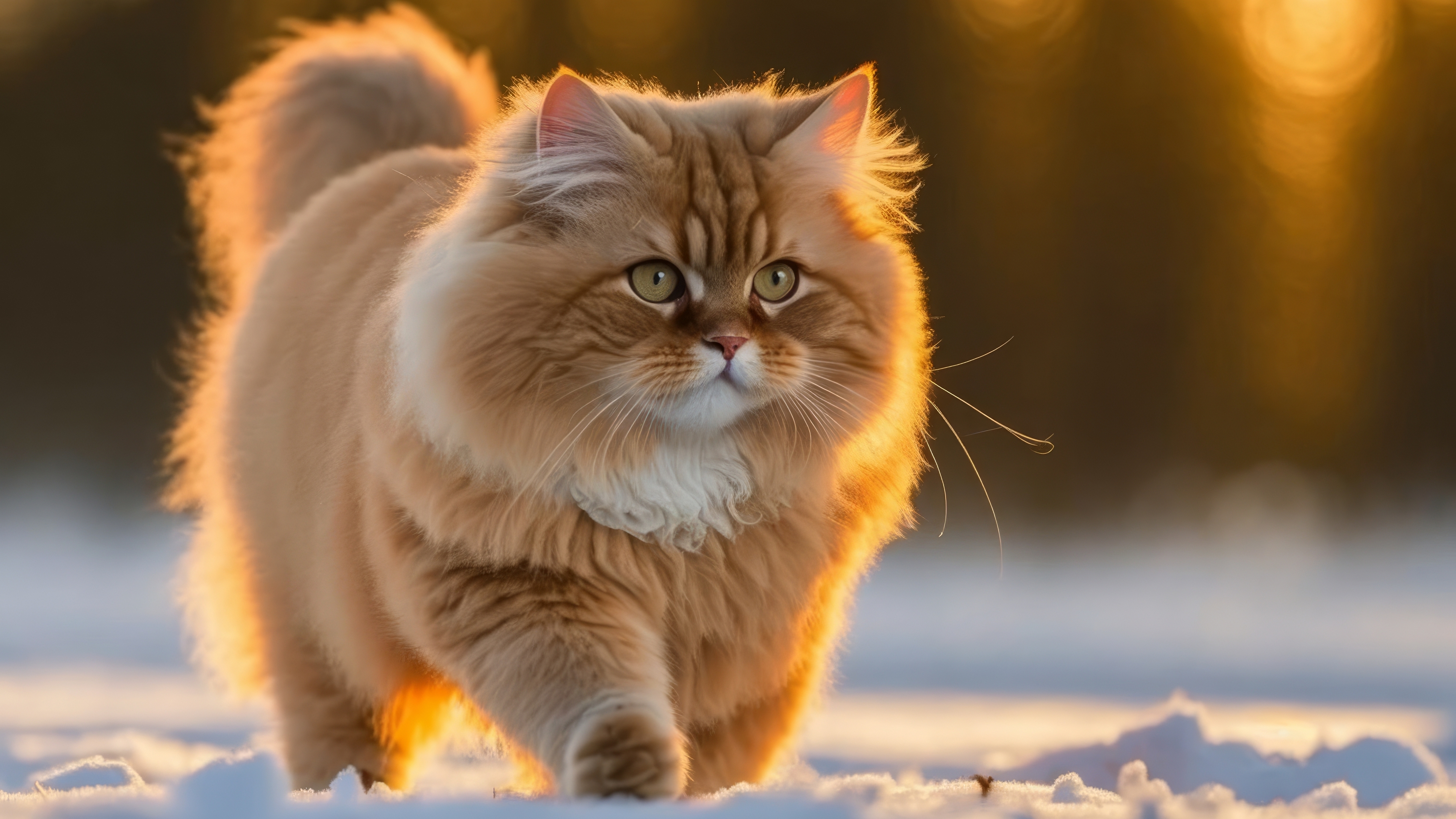 阳光下在雪地里奔跑的红猫