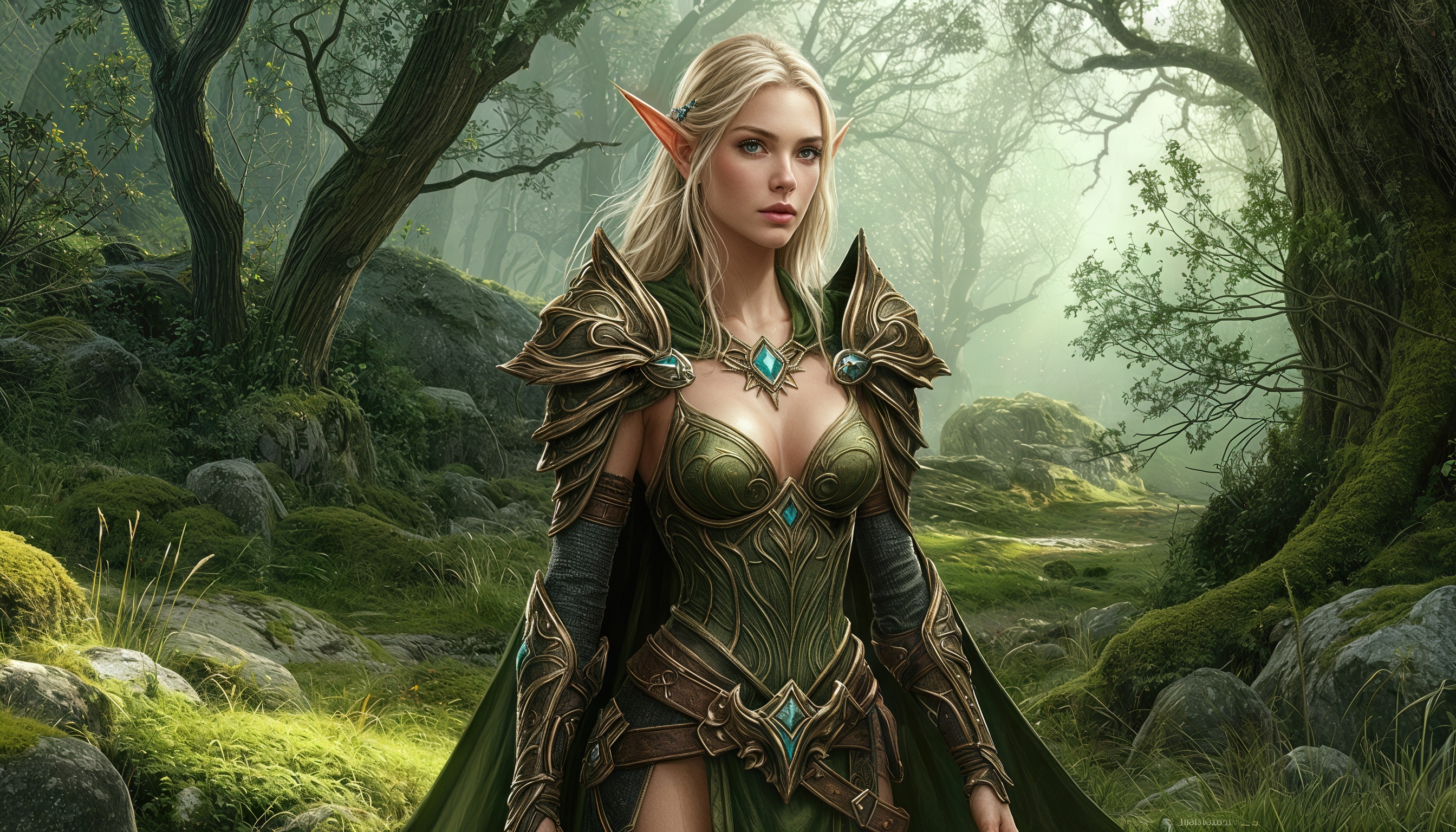 Бесплатное фото Девушка-эльф в узорчатых доспехах на фоне лесного пейзажа.