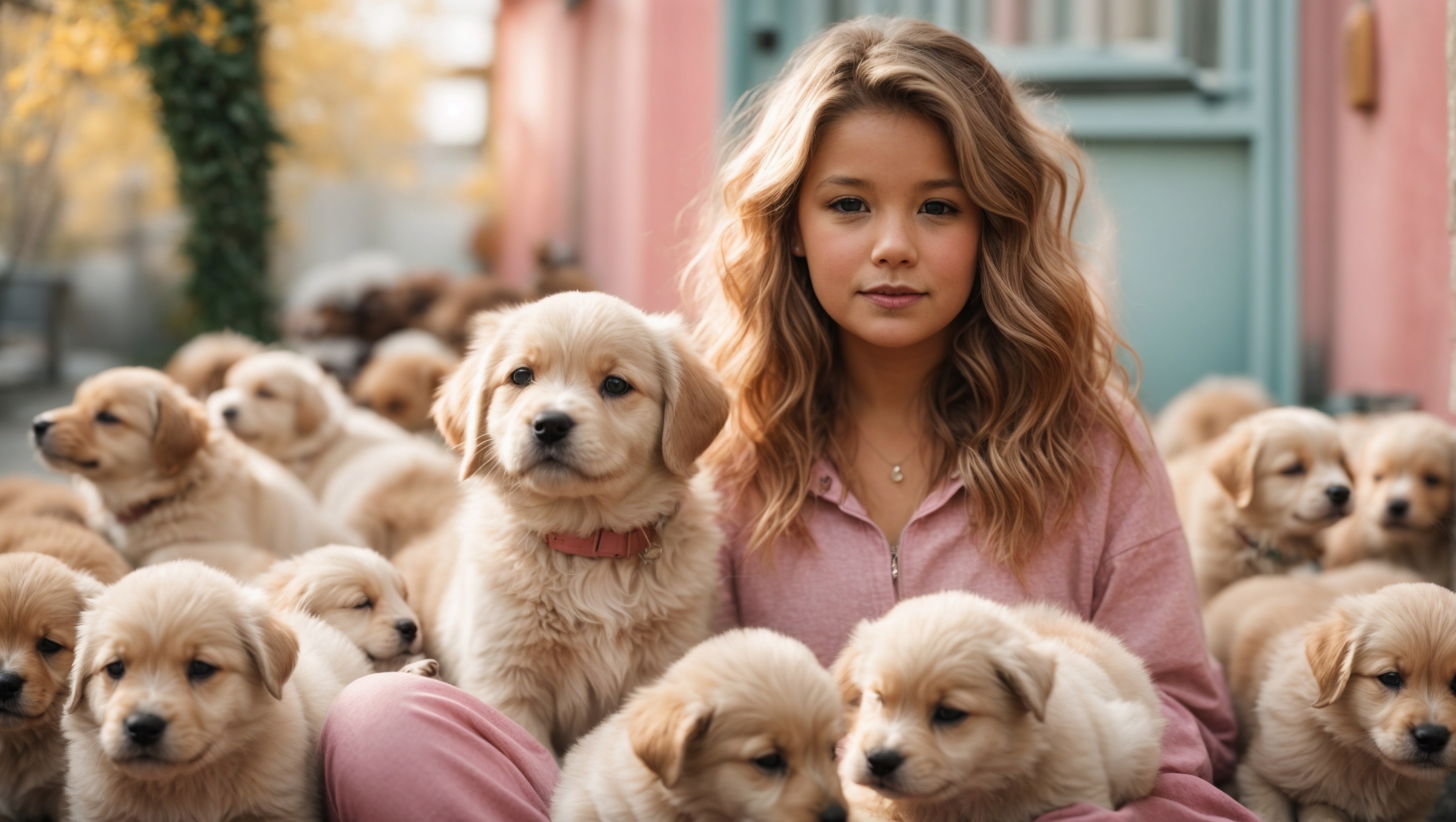 Free photo The woman is posing for a photo with many puppies