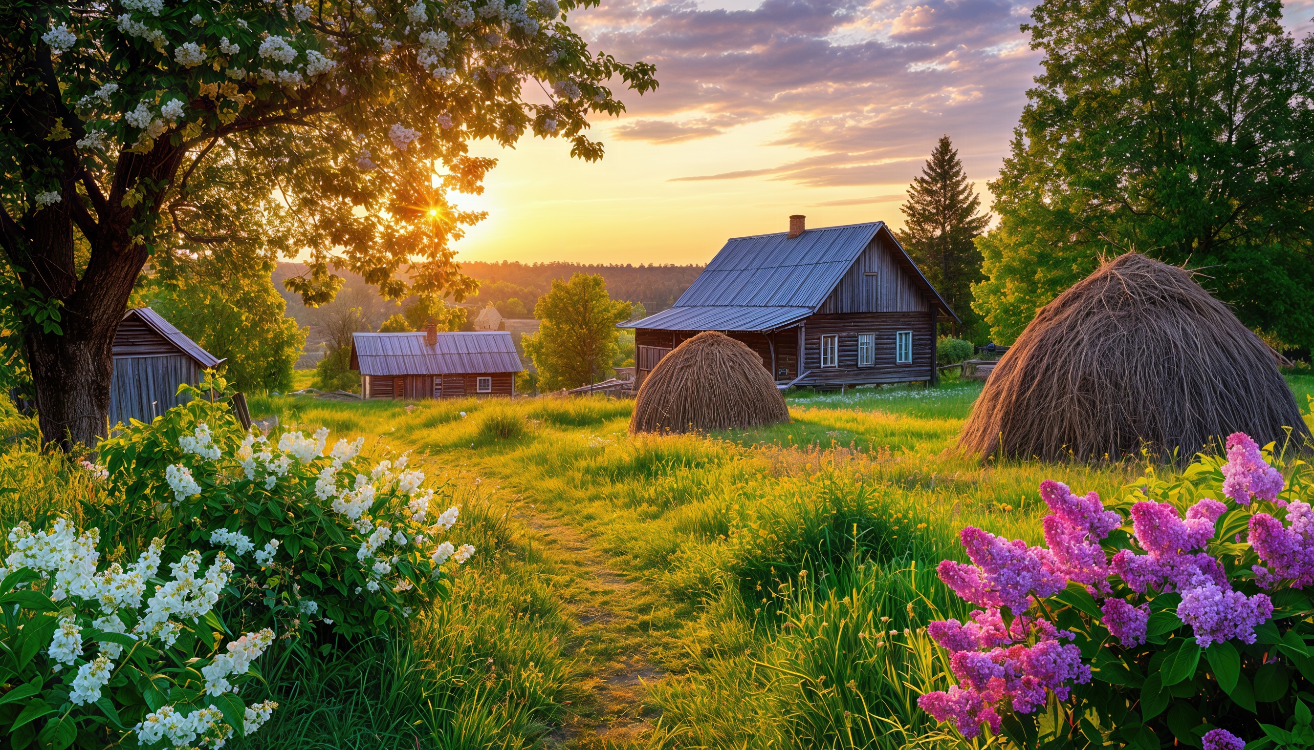 Бесплатное фото Закатный сельский пейзаж: дома, стога сена, цветущая сирень на зелёном лугу.
