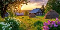 Закатный сельский пейзаж: дома, стога сена, цветущая сирень на зелёном лугу.