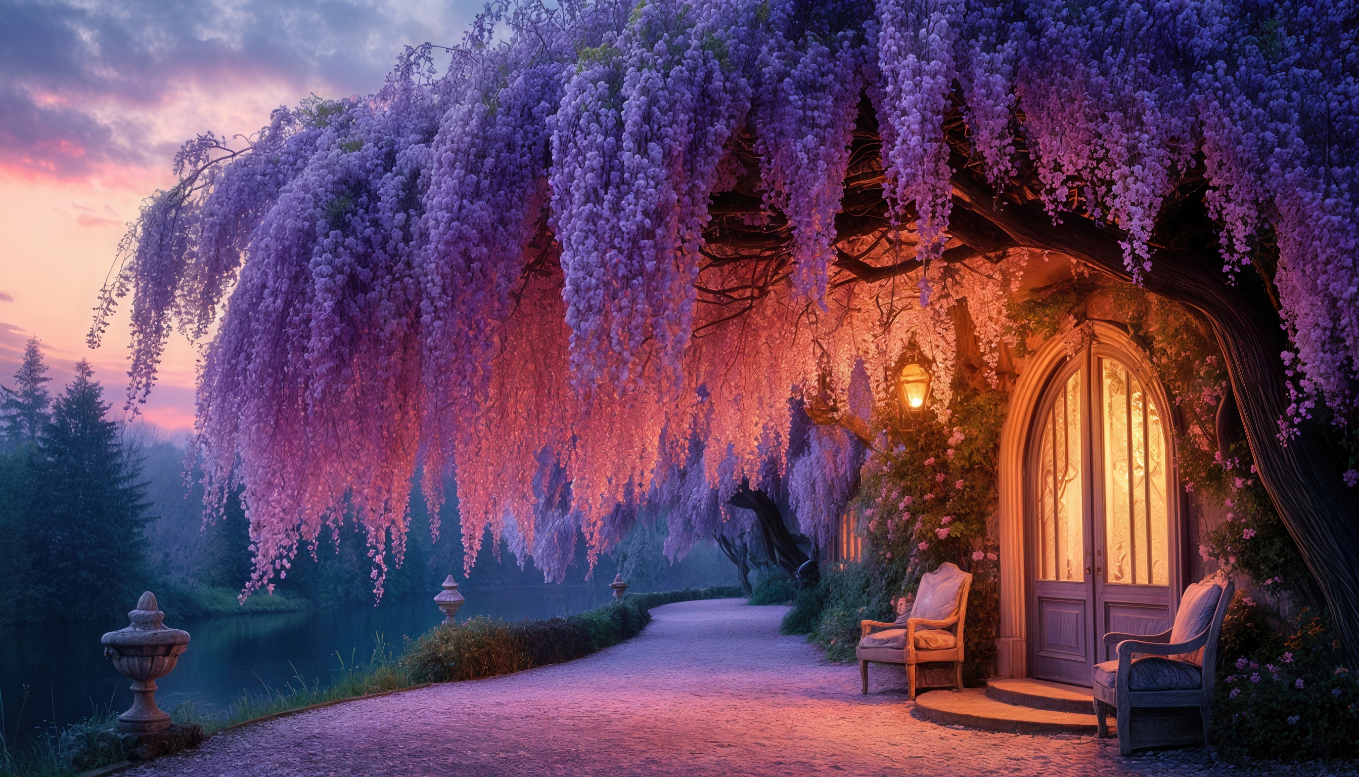 Бесплатное фото Живописный пейзаж с архитектурой и яркой весенней растительностью-идеальный уголок для отдыха и вдохновения.